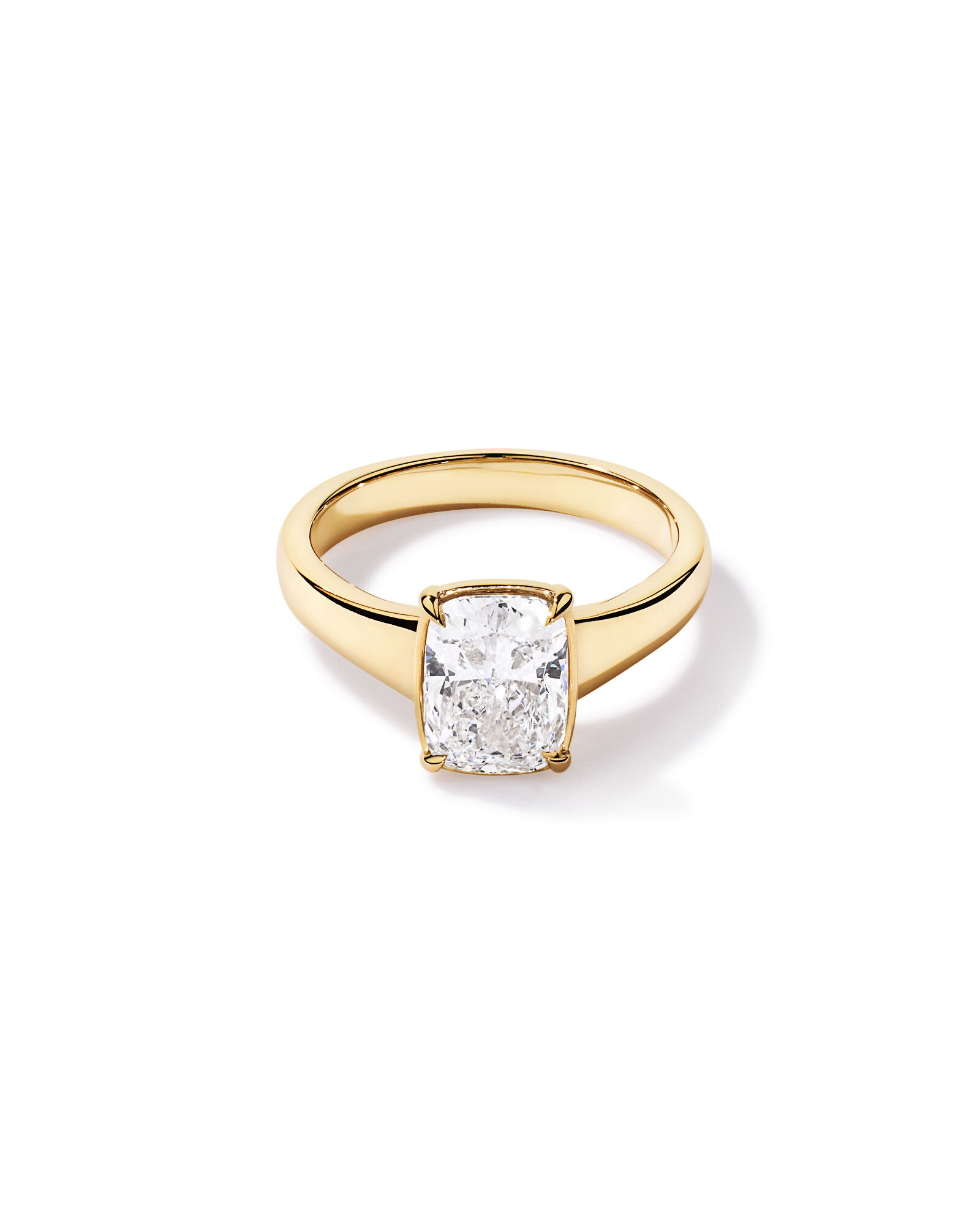 2.00 Carat Laboratory-Grown Elongated Cushion Diamond Solitaire Four Claw with Low Set Bezel Engagement Ring in 14kt Yellow Gold