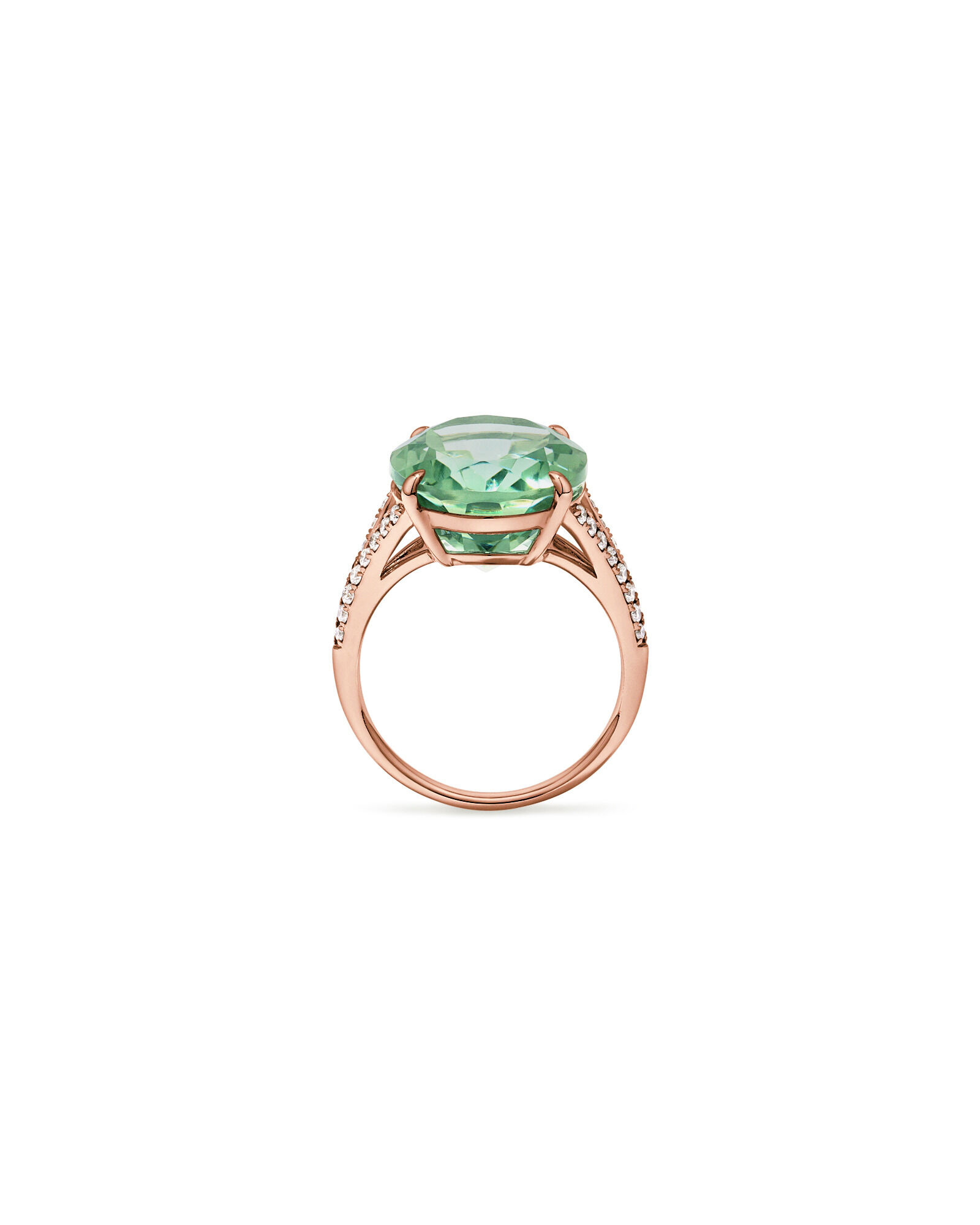 Bague ovale en am&eacute;thyste verte & diamant TW &agrave; tige fendue 0,33 carat en or rose 10 carats