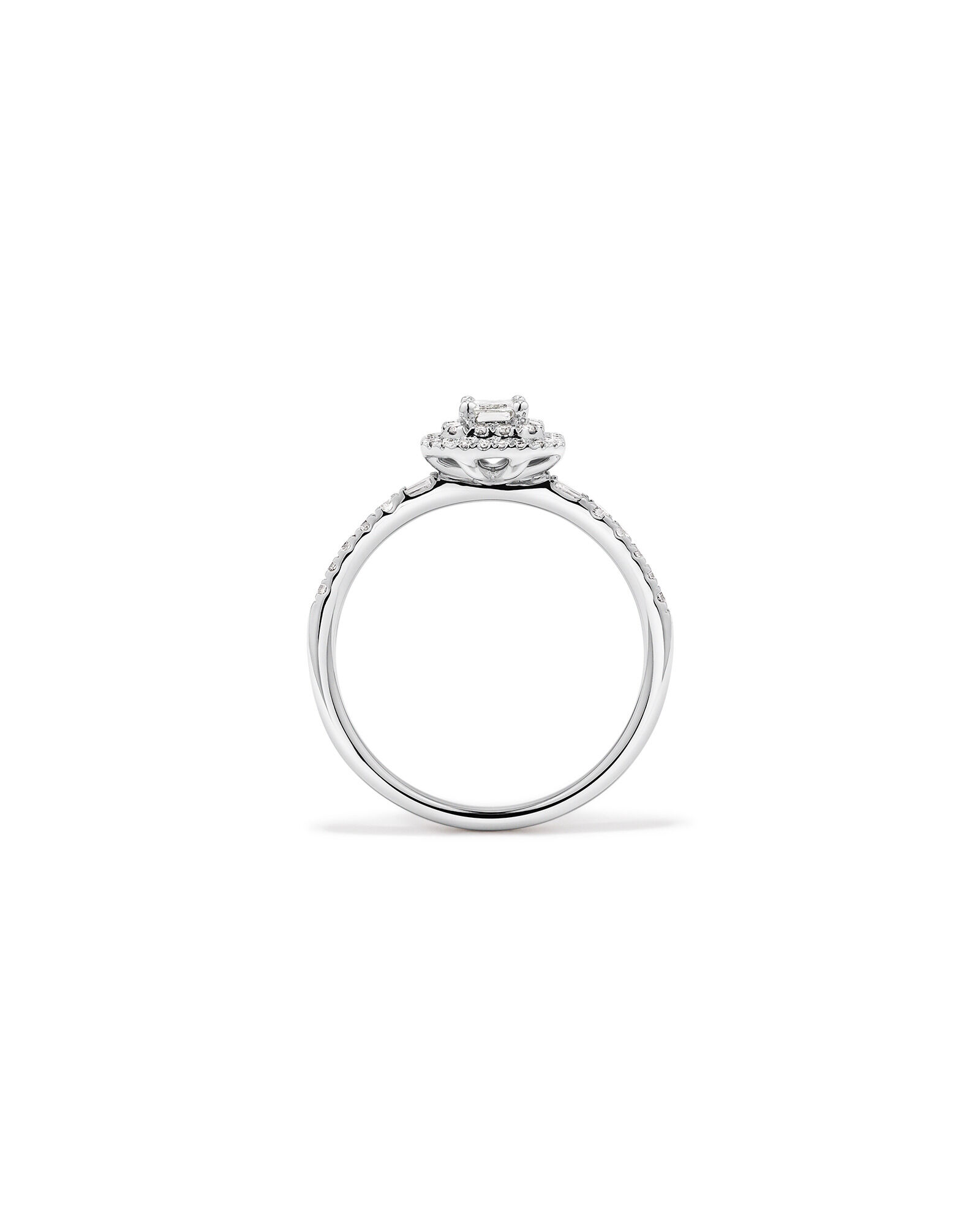 0.55 Carat TW Emerald Diamond Halo Baguette Side Accent Engagement Ring in 14kt White Gold