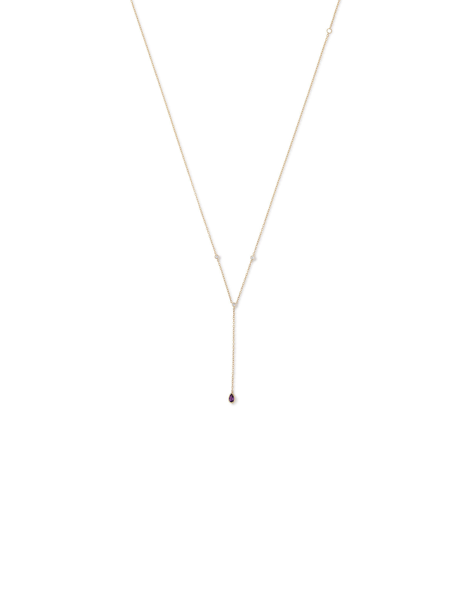 Pear Cut Purple Amethyst Gemstone and Diamond Lariat Necklace in 10kt Yellow Gold