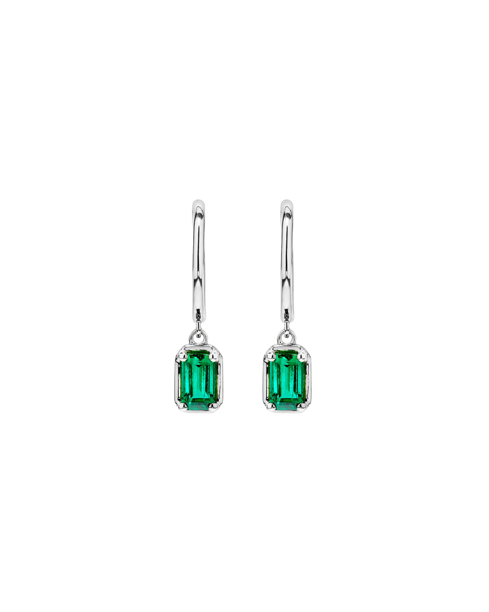 Created Emerald Gemstone Drop Hoop Earrings in 10kt White Gold