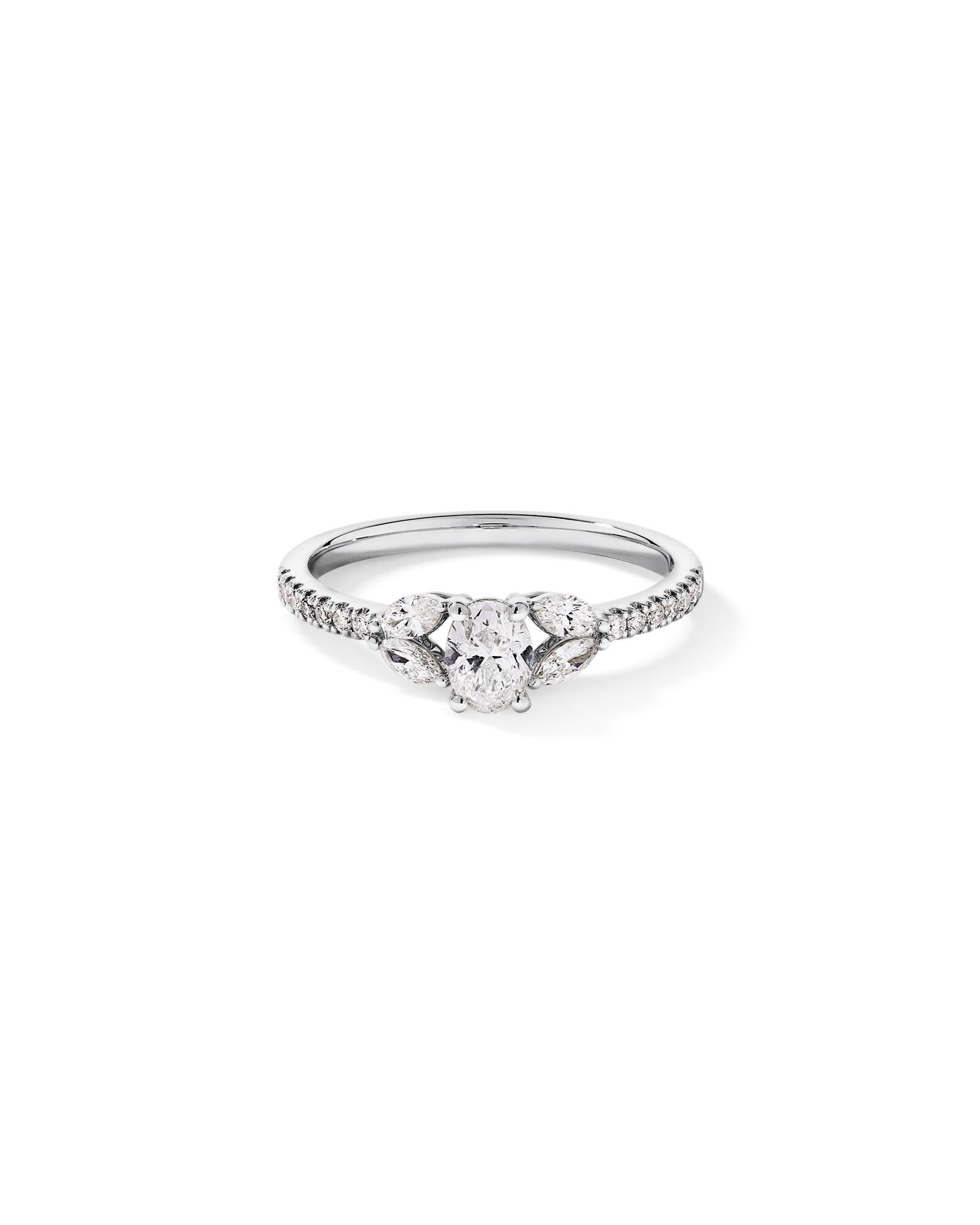 0.59 Carat TW Oval, Round Brilliant and Marquise Diamond Side Accent Ring in 14kt White Gold