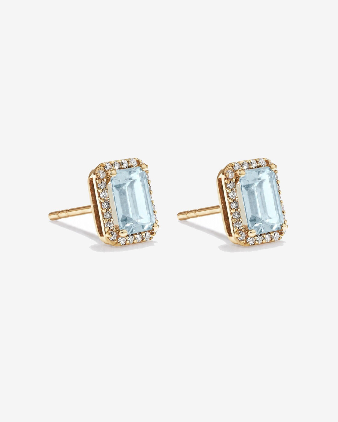 Boucles d'oreilles halo Aigue-marine taille &eacute;meraude avec diamants en or jaune 10 ct