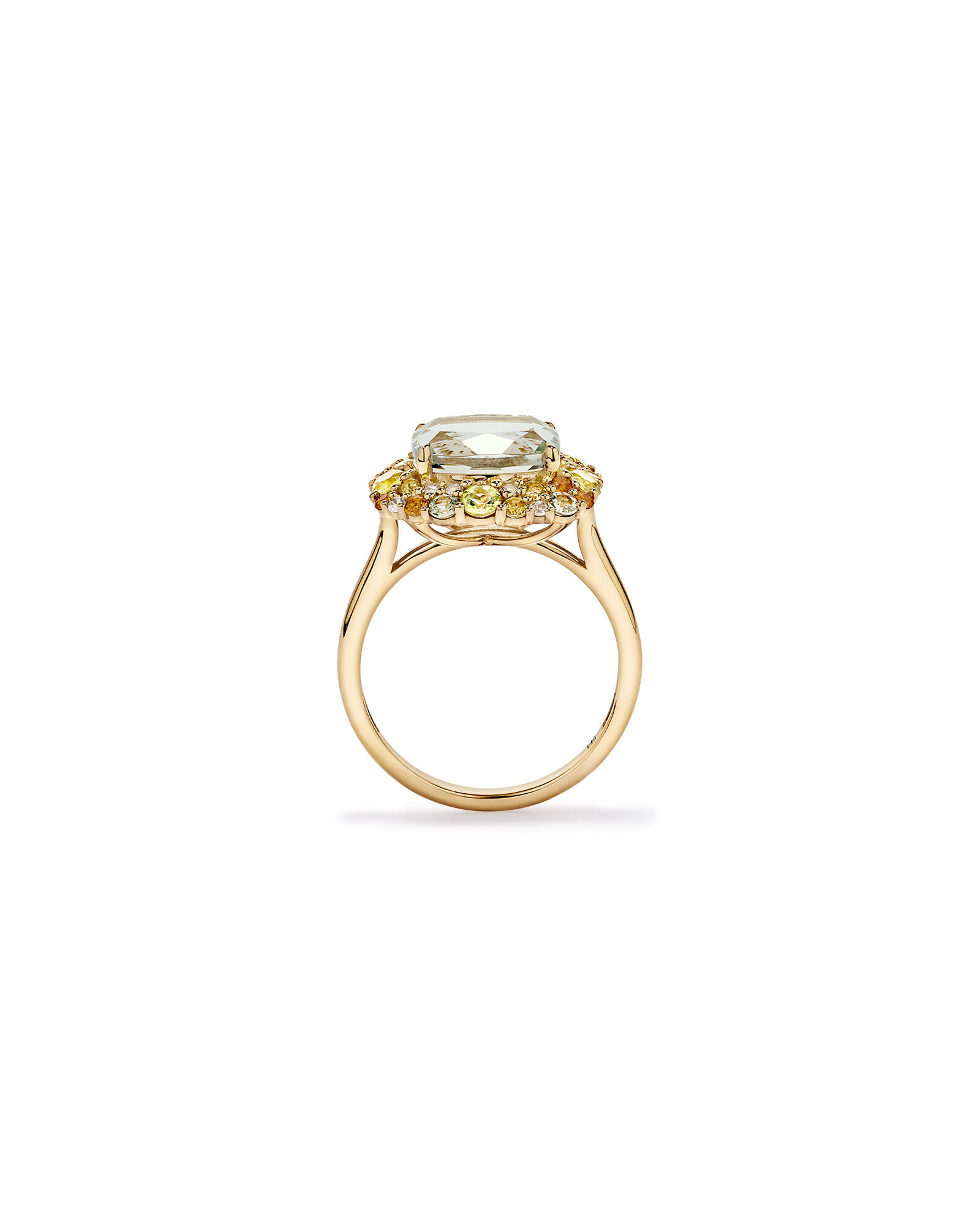 Anneau halo vert am&eacute;thyste, p&eacute;ridot, citrine et topaze blanche en or jaune 10 carats