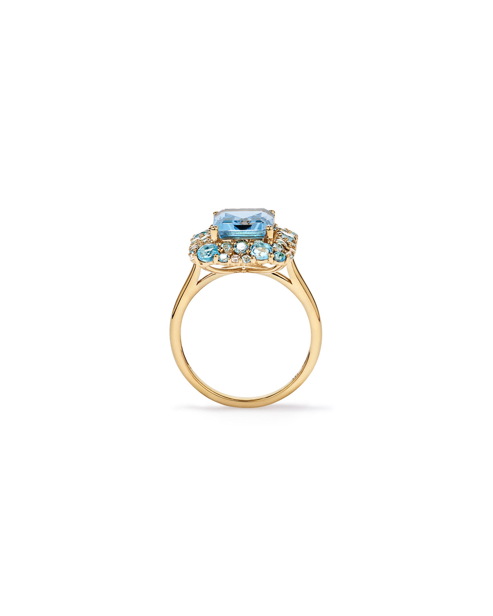 Anneau de topaze Halo bleu ciel, bleu de Londres, bleu suisse et blanc en or jaune 10 kt