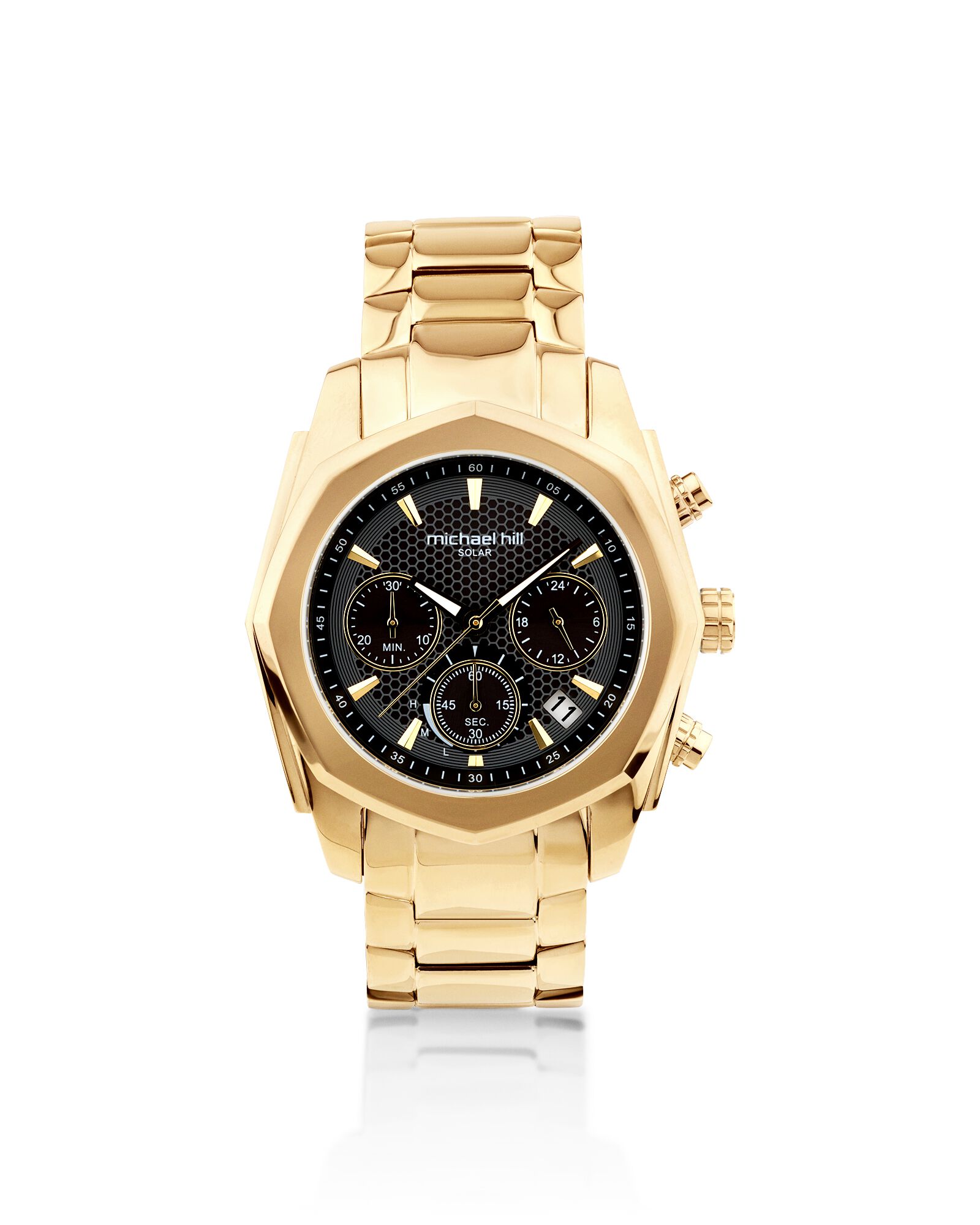 Montre chronographe solaire en acier inoxydable dor&eacute; pour homme