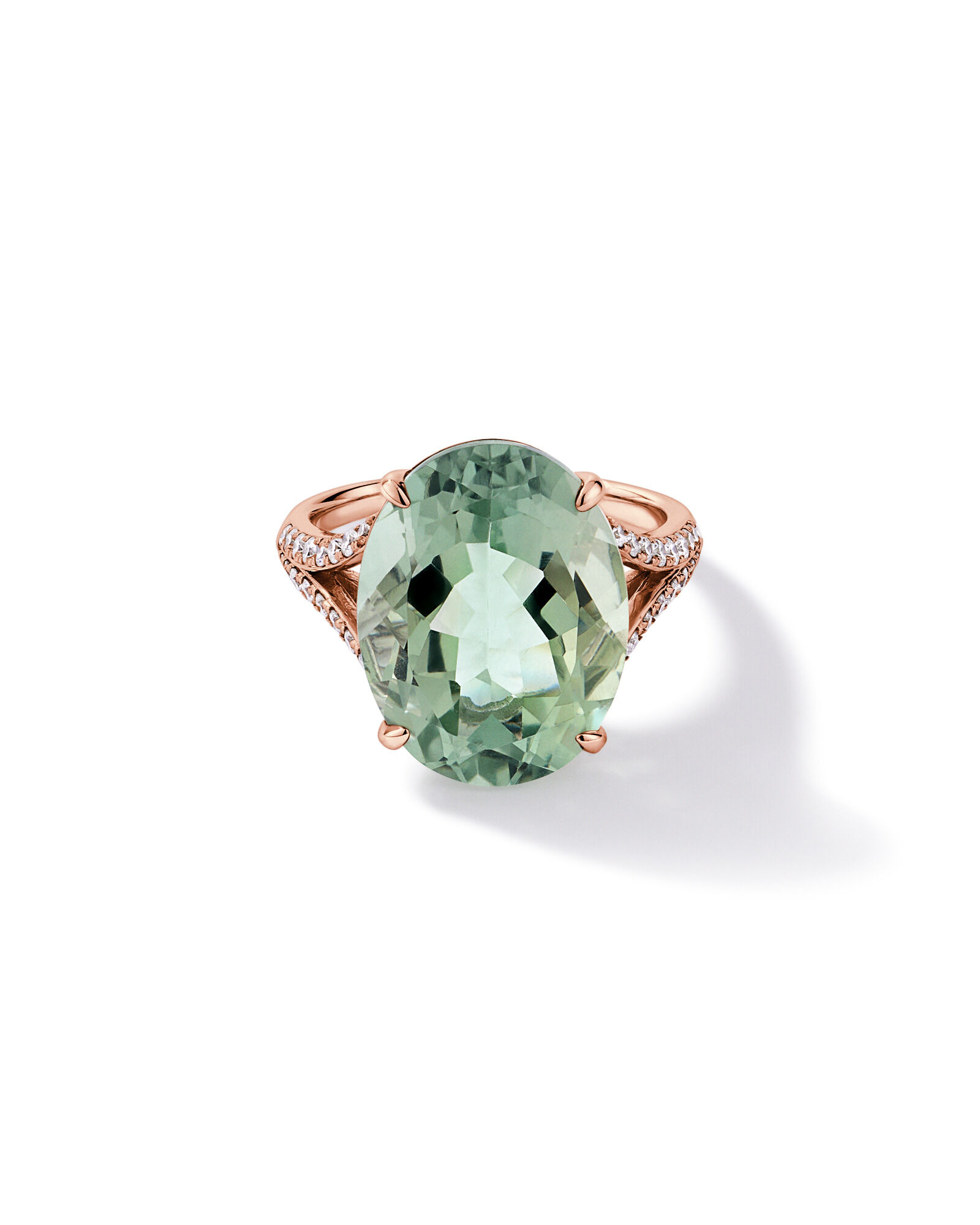 Bague ovale en am&eacute;thyste verte & diamant TW &agrave; tige fendue 0,33 carat en or rose 10 carats