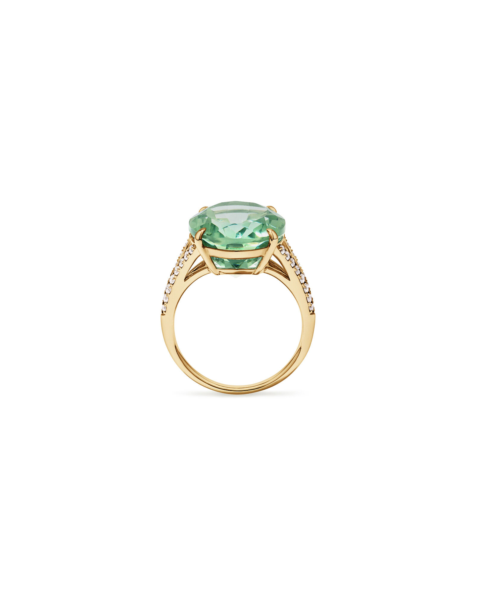 Bague ovale vert am&eacute;thyste & diamant TW &agrave; tige fendue 0,33 carat en or jaune 10 carats