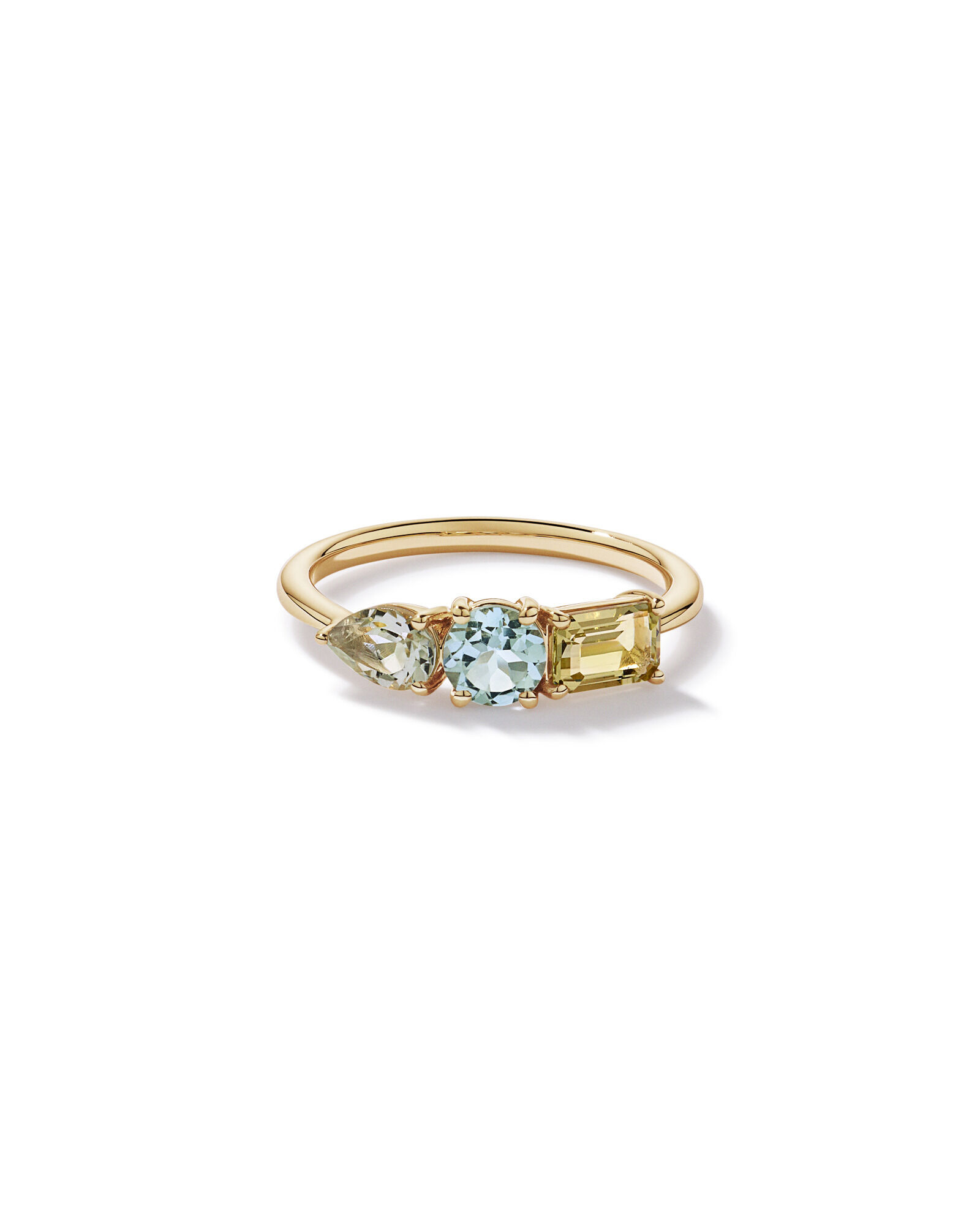 Anneau multi-gemmes en am&eacute;thyste vert, topaze bleu ciel et quartz citron en or jaune 10 carats