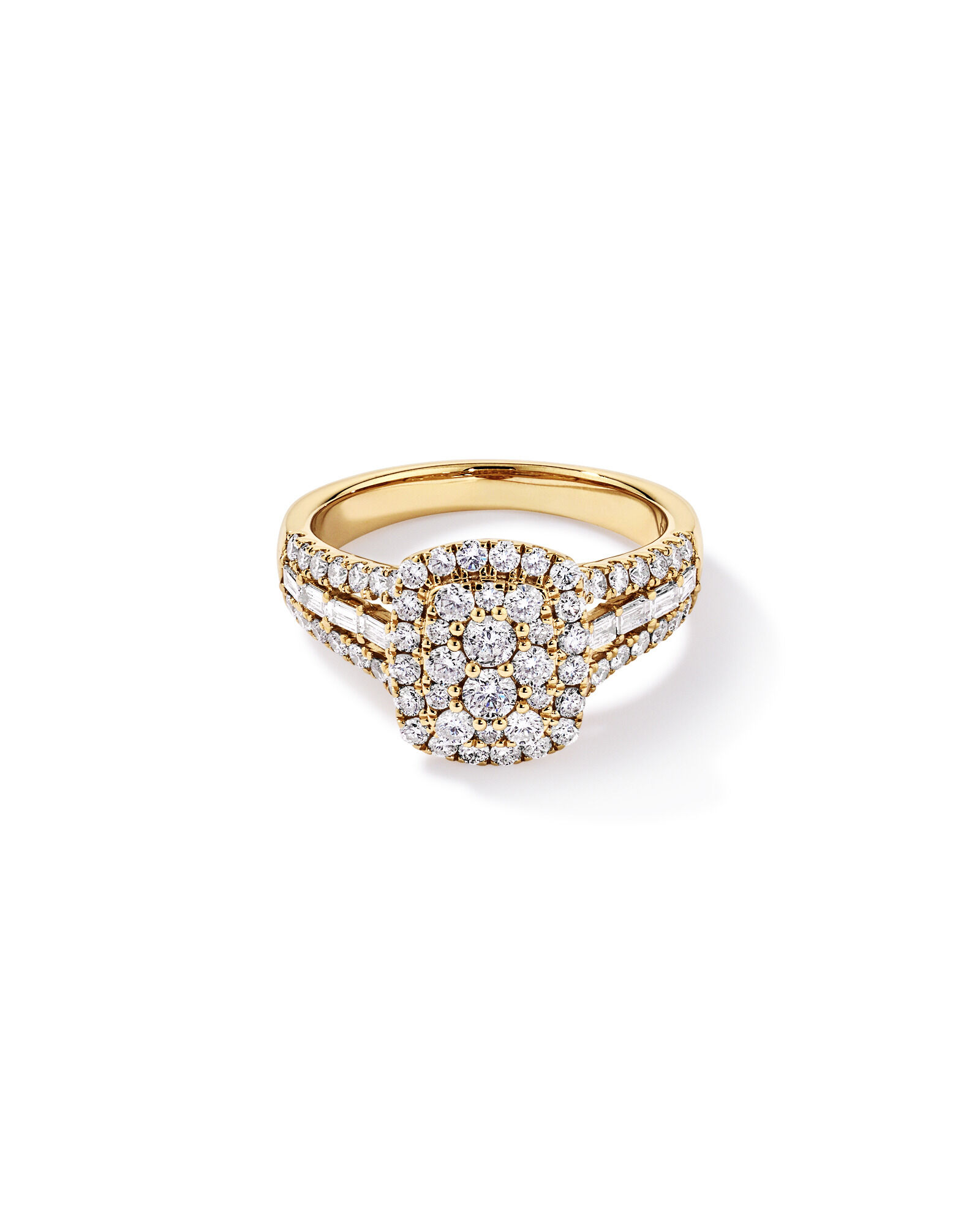 1.25 Carat TW Round Brilliant and Baguette Cluster Diamond Ring in 14kt Yellow Gold