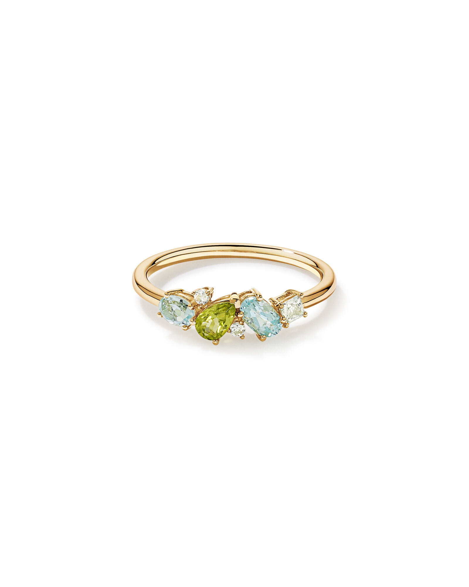 P&eacute;ridot, topaze bleu ciel, am&eacute;thyste verte et topaze blanche anneau multigemstone en or jaune 10 carats