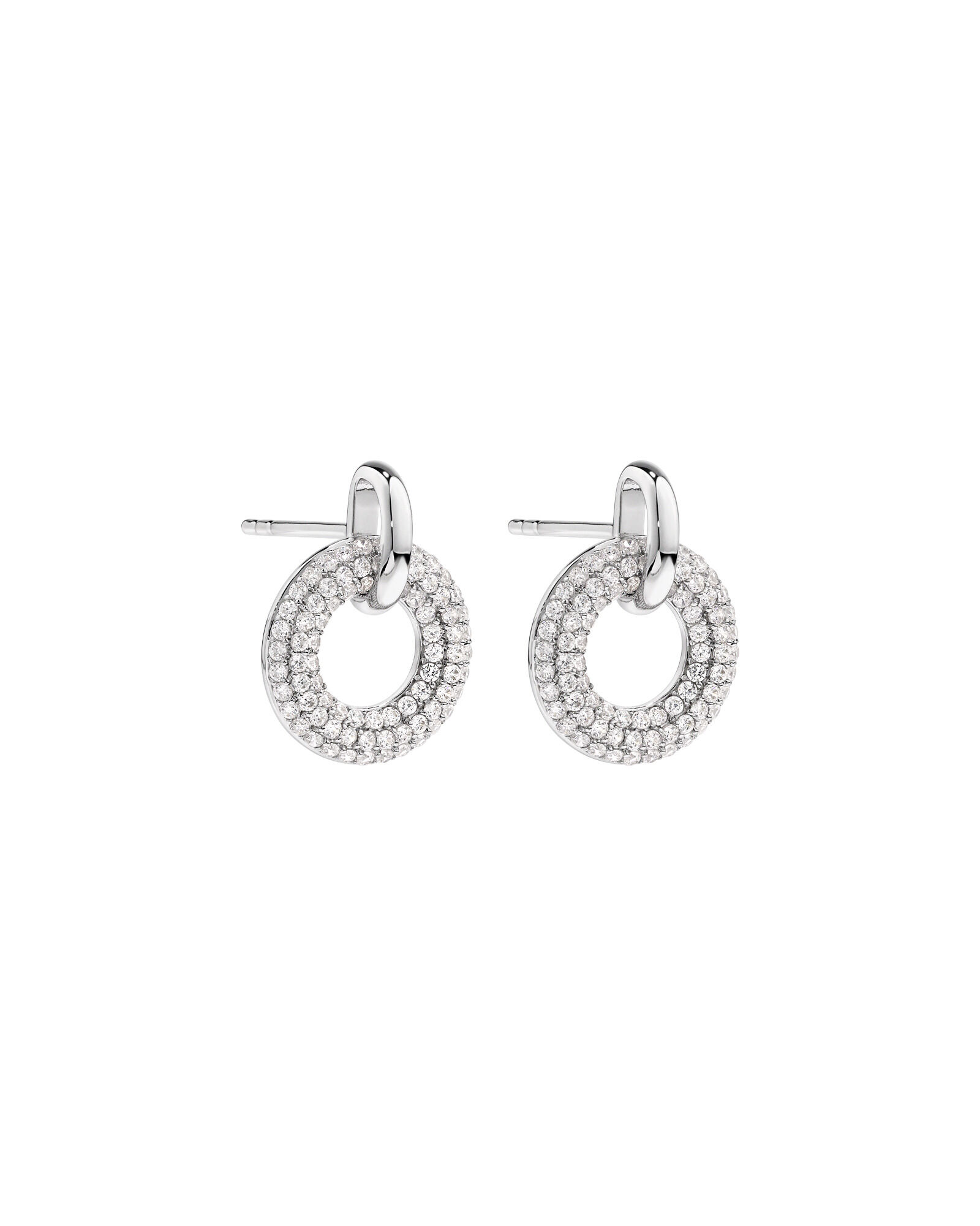 Pav&eacute; Set Cubic Zirconia Puff Open Circle Drop Stud Earrings in Sterling Silver