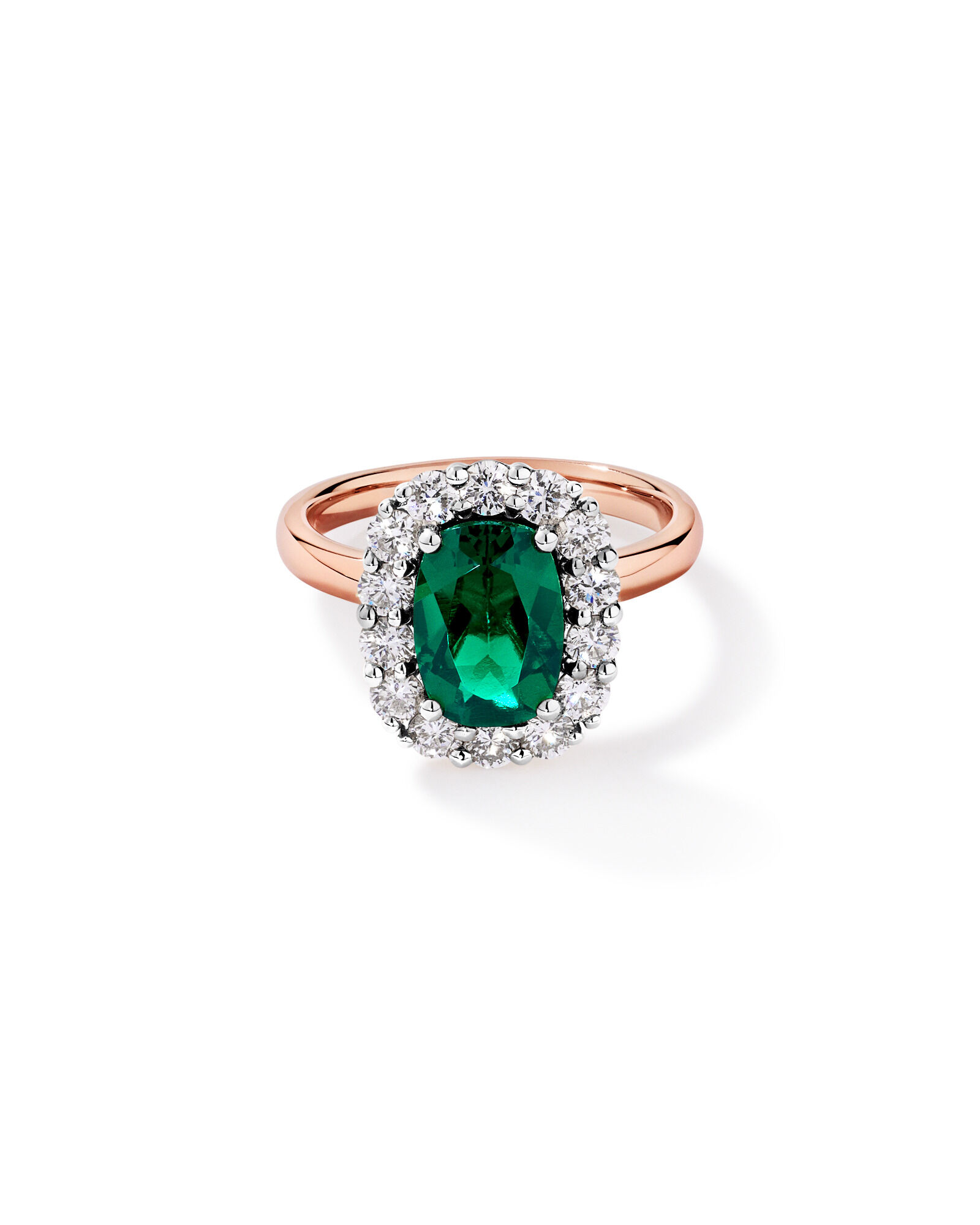 Created Emerald & 0.96 Carat TW Laboratory-Grown Diamond Halo Ring in 10kt Rose & White Gold