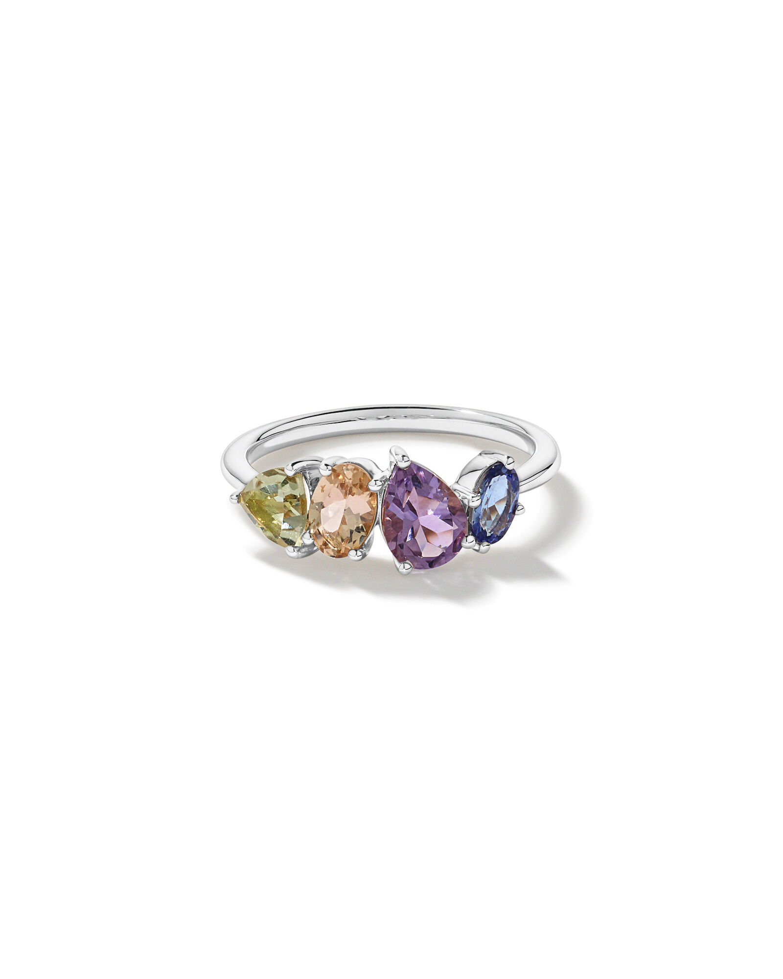 Anneau multi-gemmes en am&eacute;thyste verte, morganite, am&eacute;thyste rose et tanzanite en or blanc 10 carats