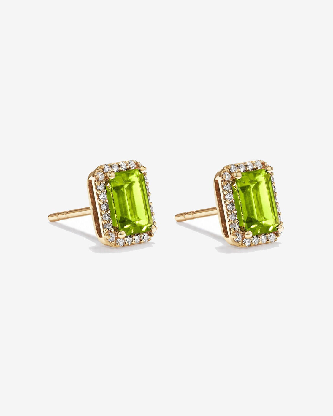 Boucles d'oreilles halo P&eacute;ridot taille &eacute;meraude avec diamants en or jaune 10 ct