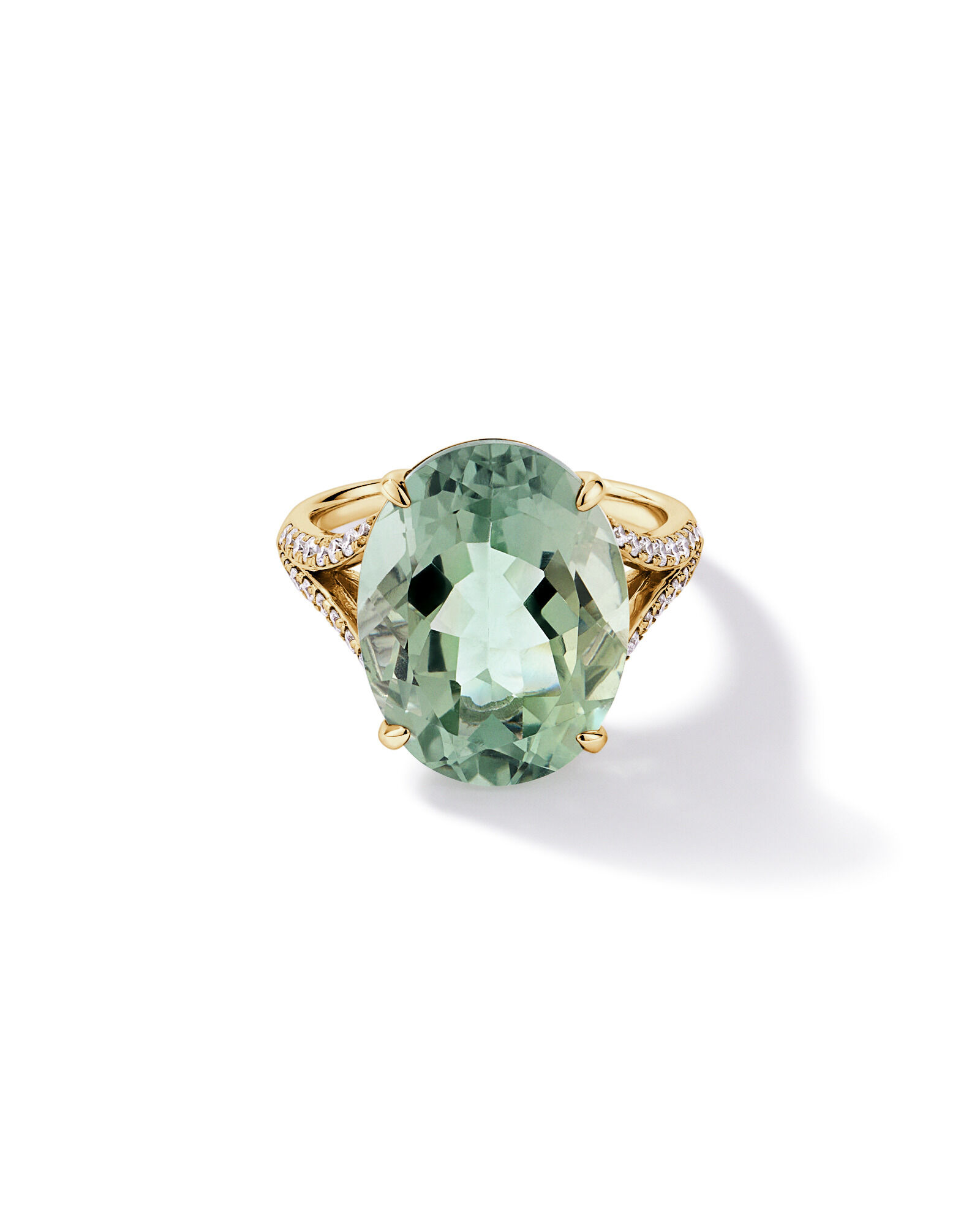 Bague ovale vert am&eacute;thyste & diamant TW &agrave; tige fendue 0,33 carat en or jaune 10 carats