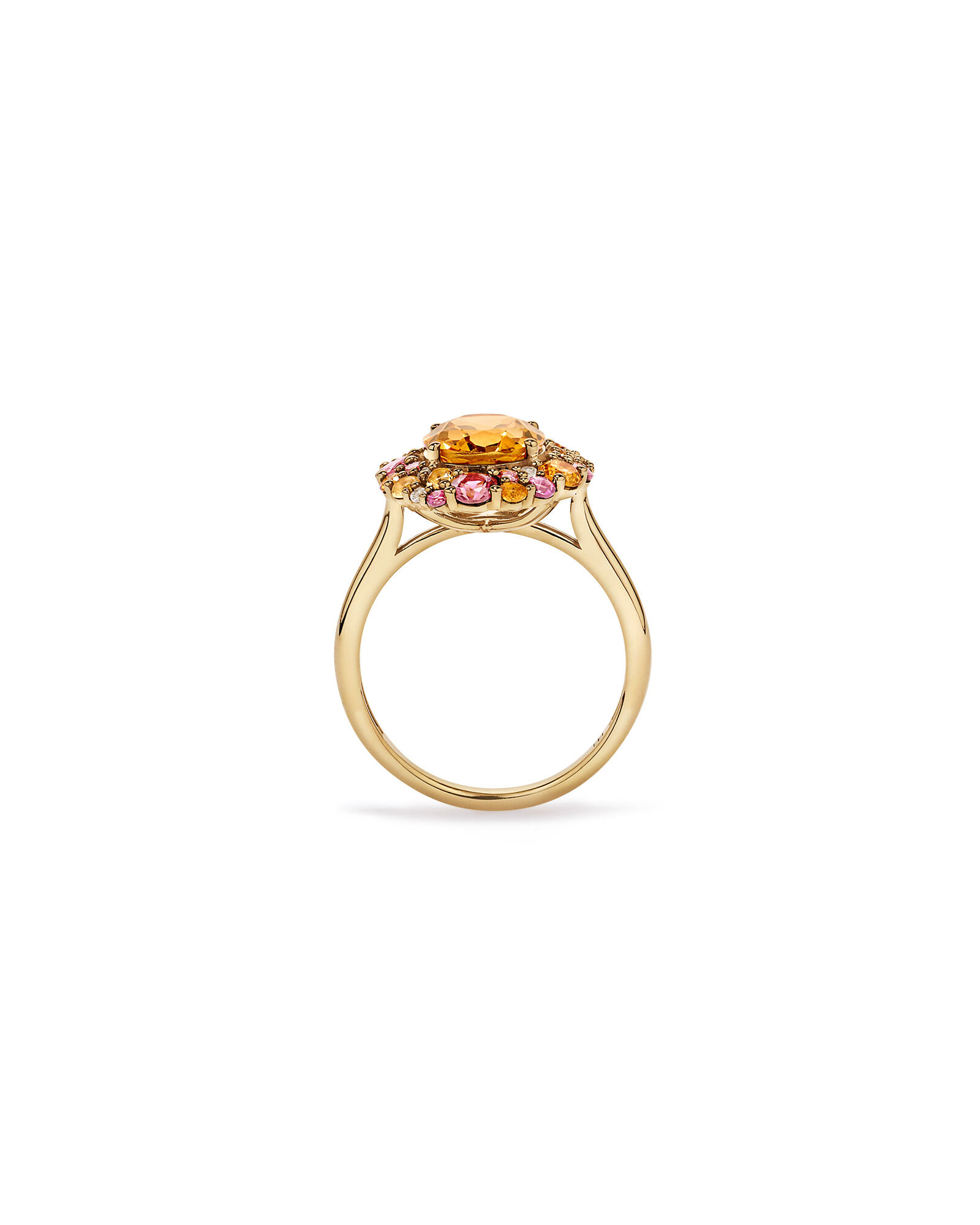 Anneau halo ovale en citrine, tourmaline rose et topaze blanche en or jaune 10 carats