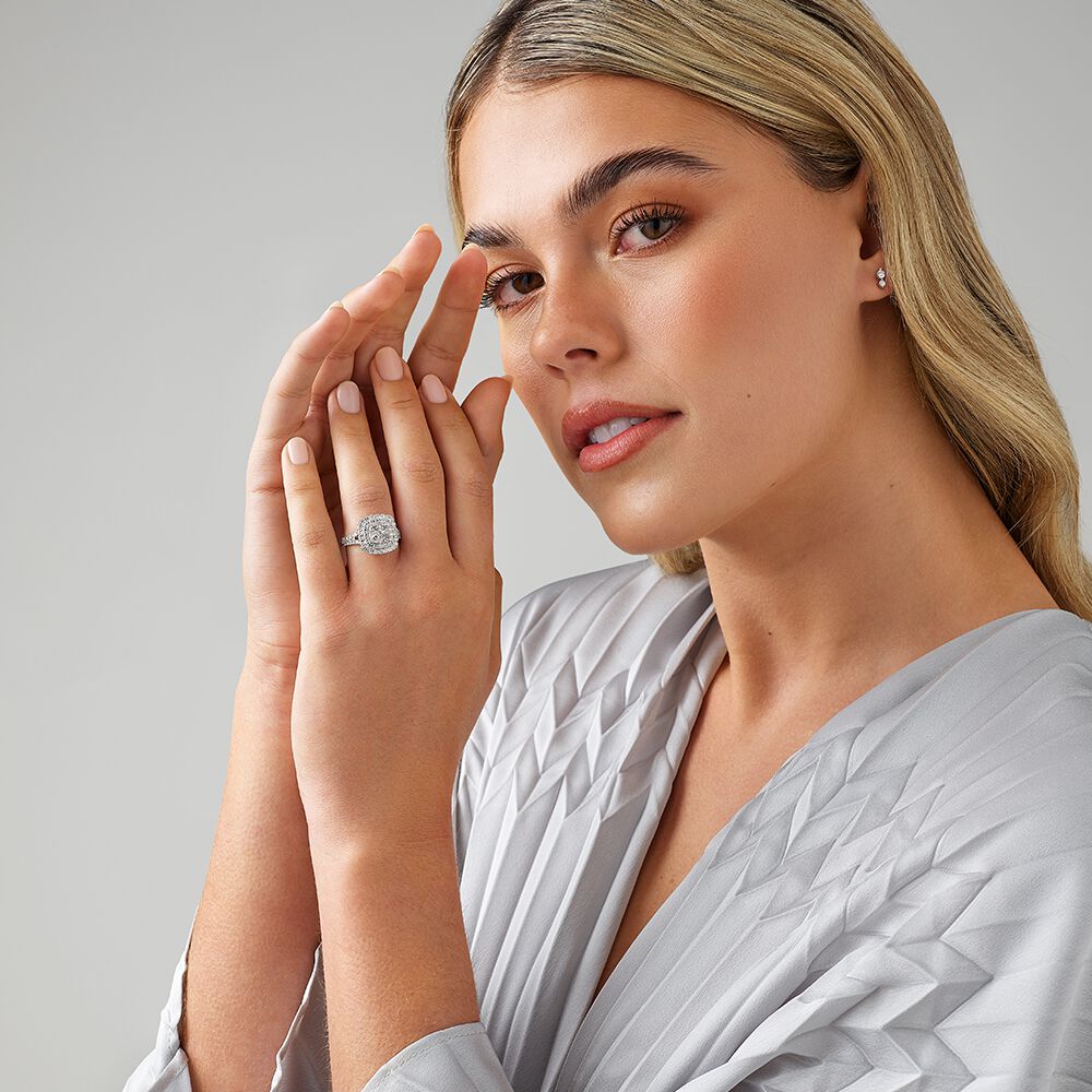 1.30 Carat TW Cushion Shaped Cluster Halo Diamond Ring in 10kt White Gold