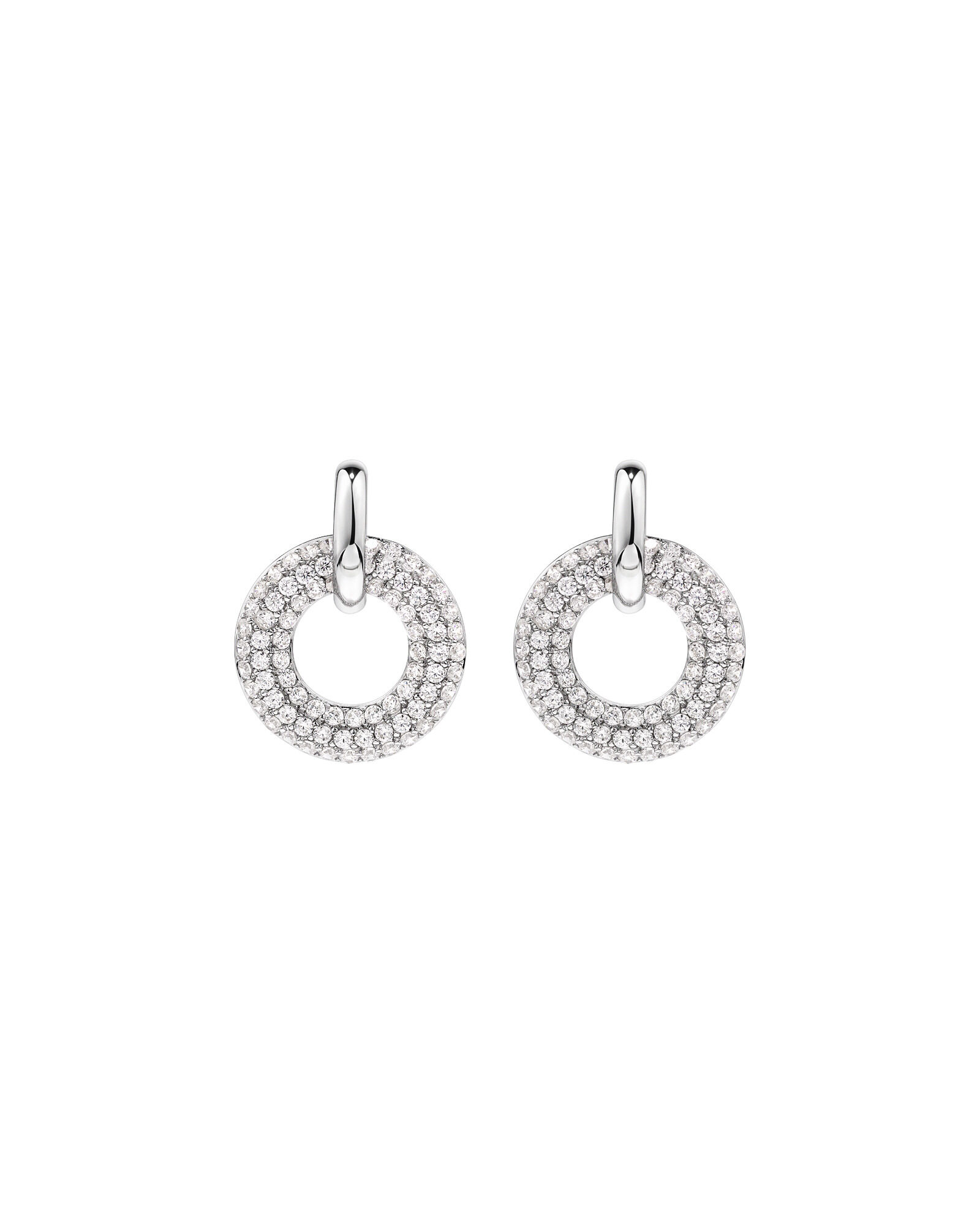 Pav&eacute; Set Cubic Zirconia Puff Open Circle Drop Stud Earrings in Sterling Silver