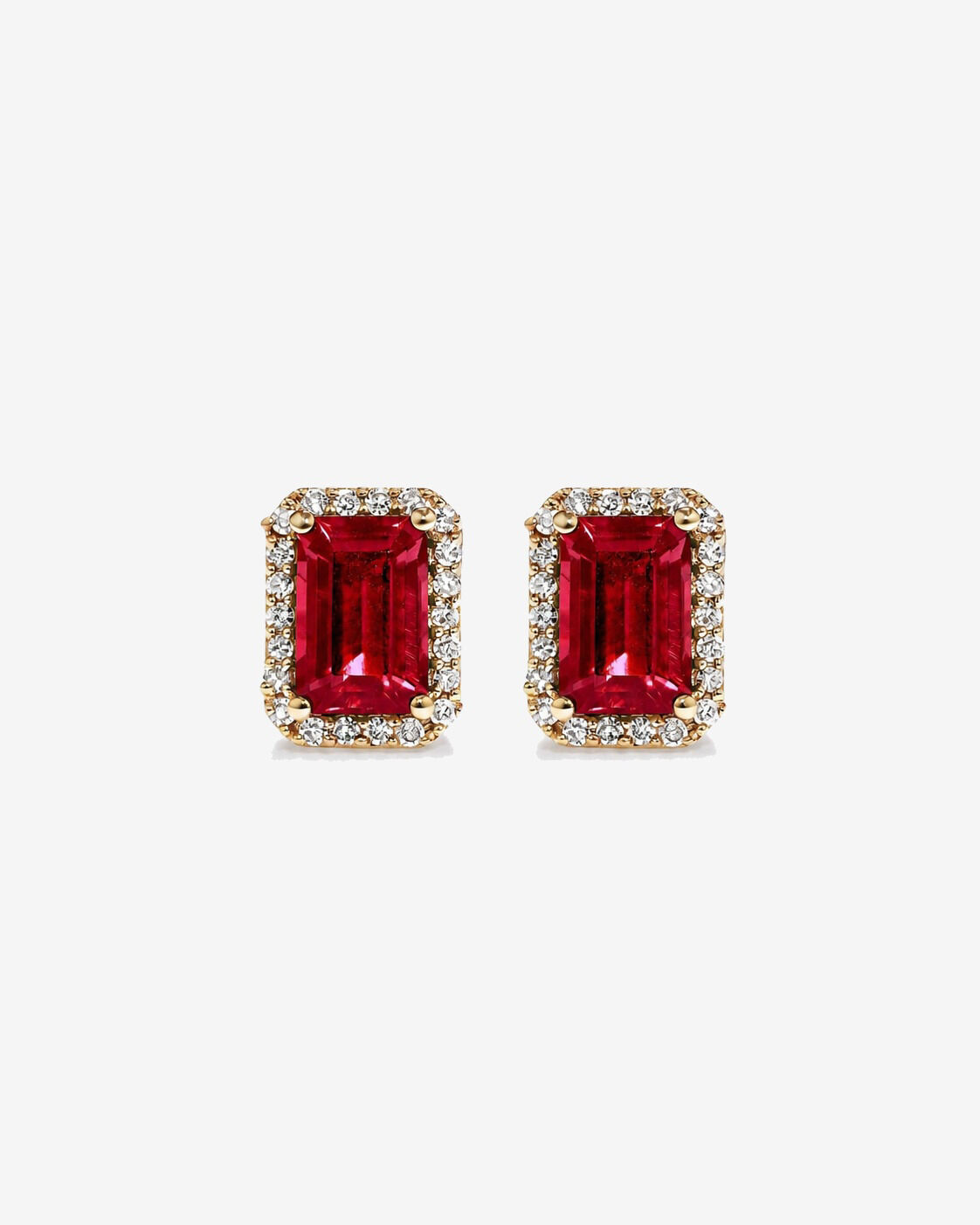 Boucles d'oreilles halo Rubis cr&eacute;&eacute; taille &eacute;meraude avec diamants en or jaune 10 ct