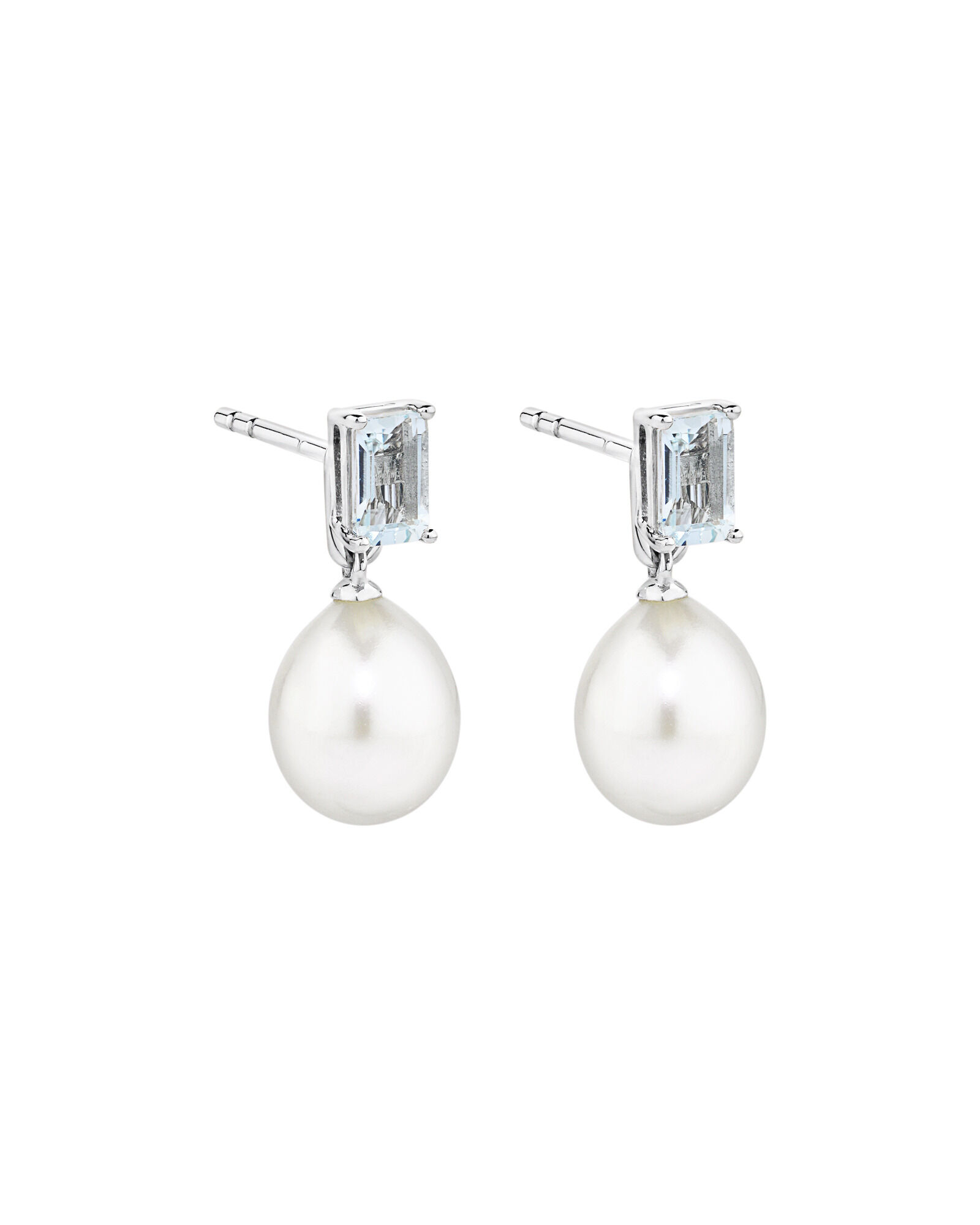 Multi-Wear Aquamarine and Cultured Freshwater Pearl Drop Stud Earrings in 10kt White Gold
