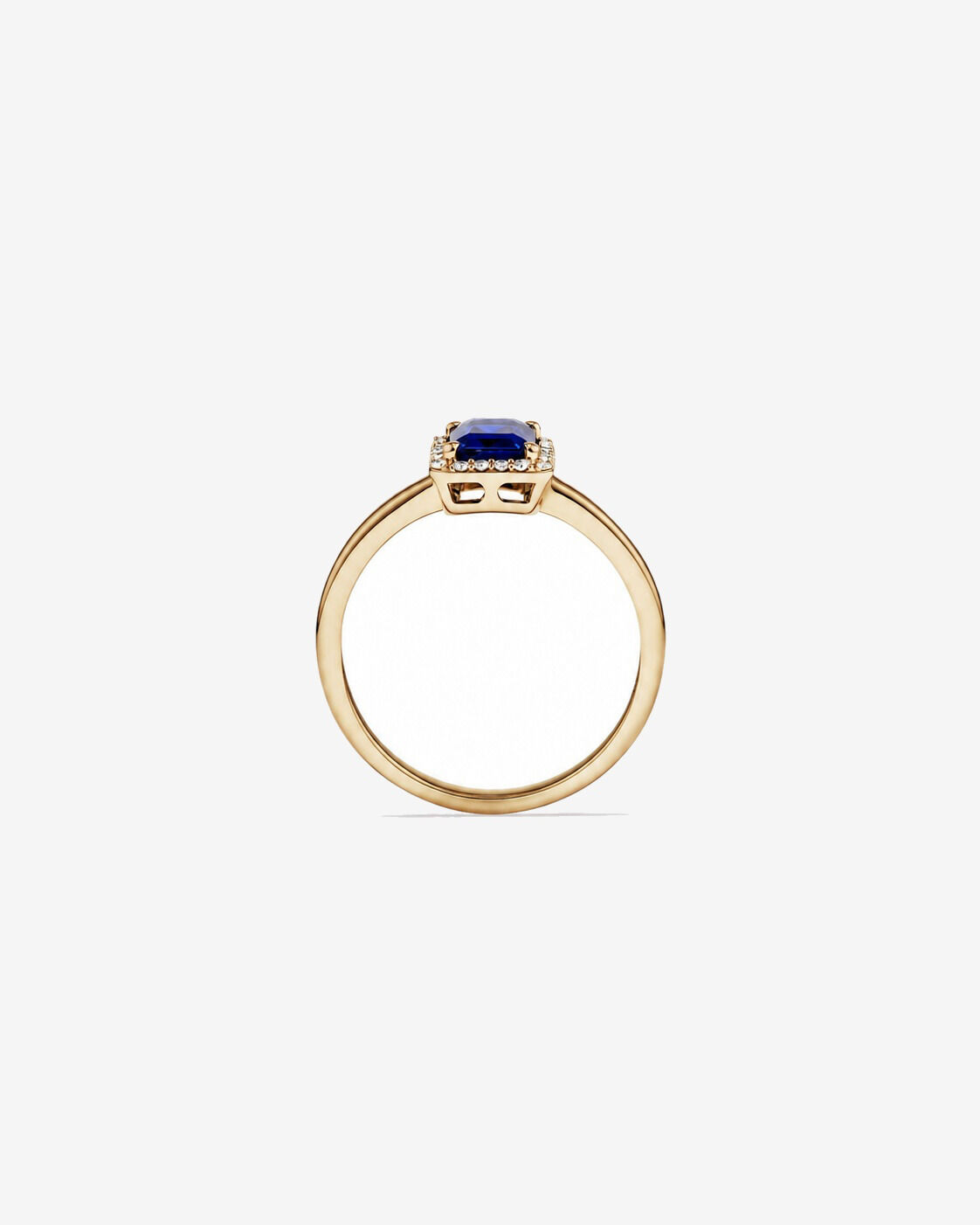 Bague halo Saphir cr&eacute;&eacute; taille &eacute;meraude avec diamants en or jaune 10 ct