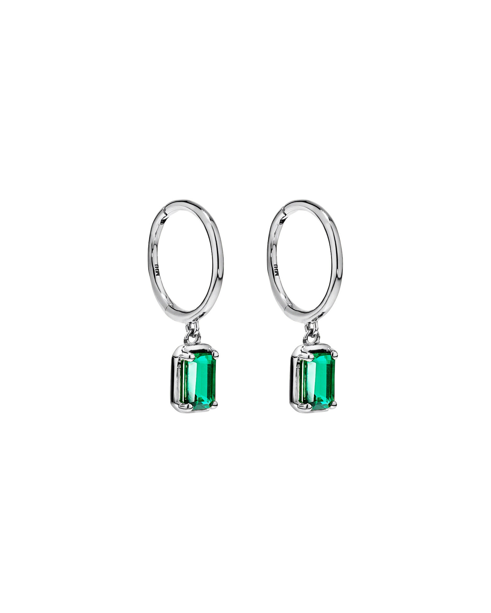 Created Emerald Gemstone Drop Hoop Earrings in 10kt White Gold