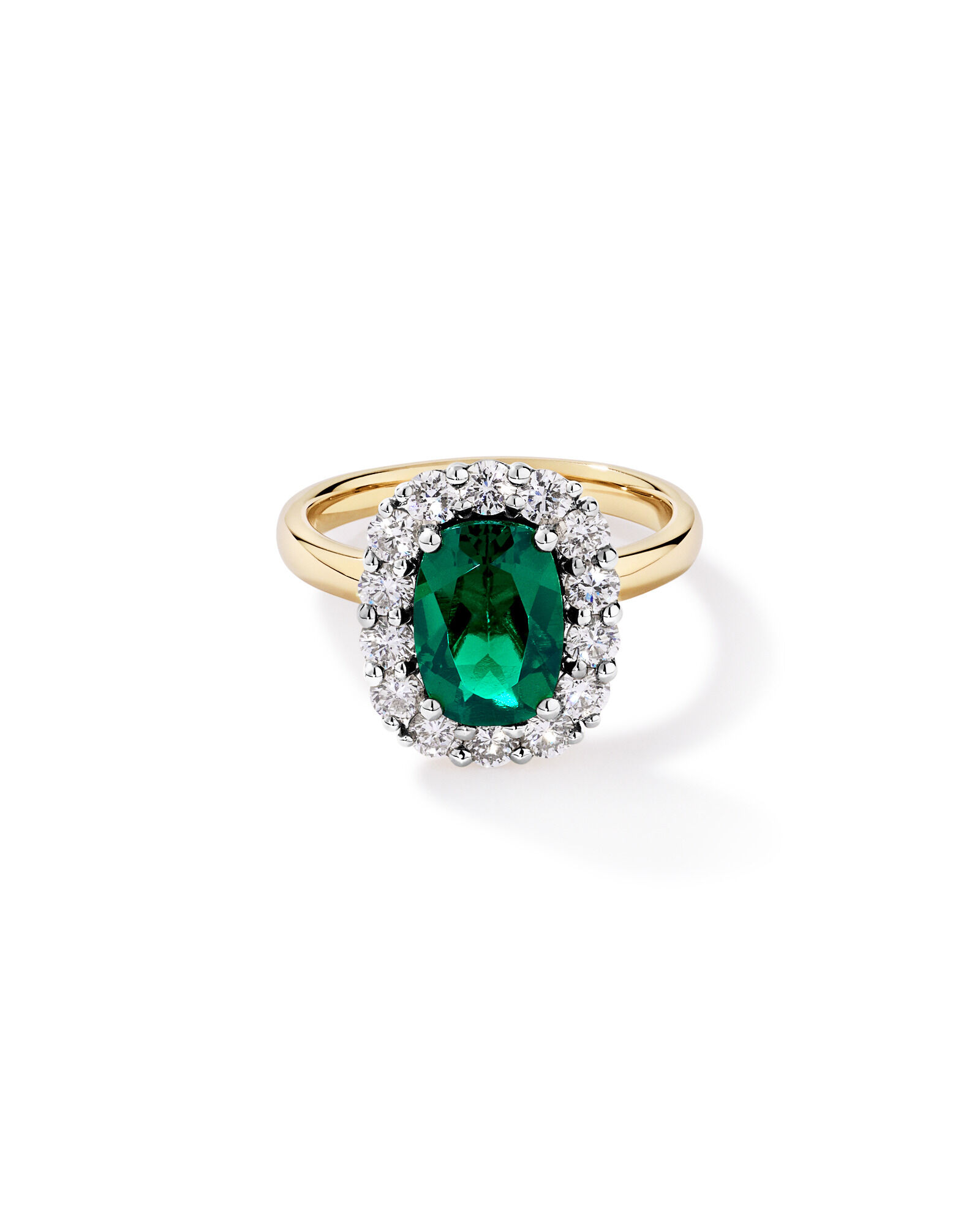 Created Emerald & 0.96 Carat TW Laboratory-Grown Diamond Halo Ring in 10kt Yellow & White Gold