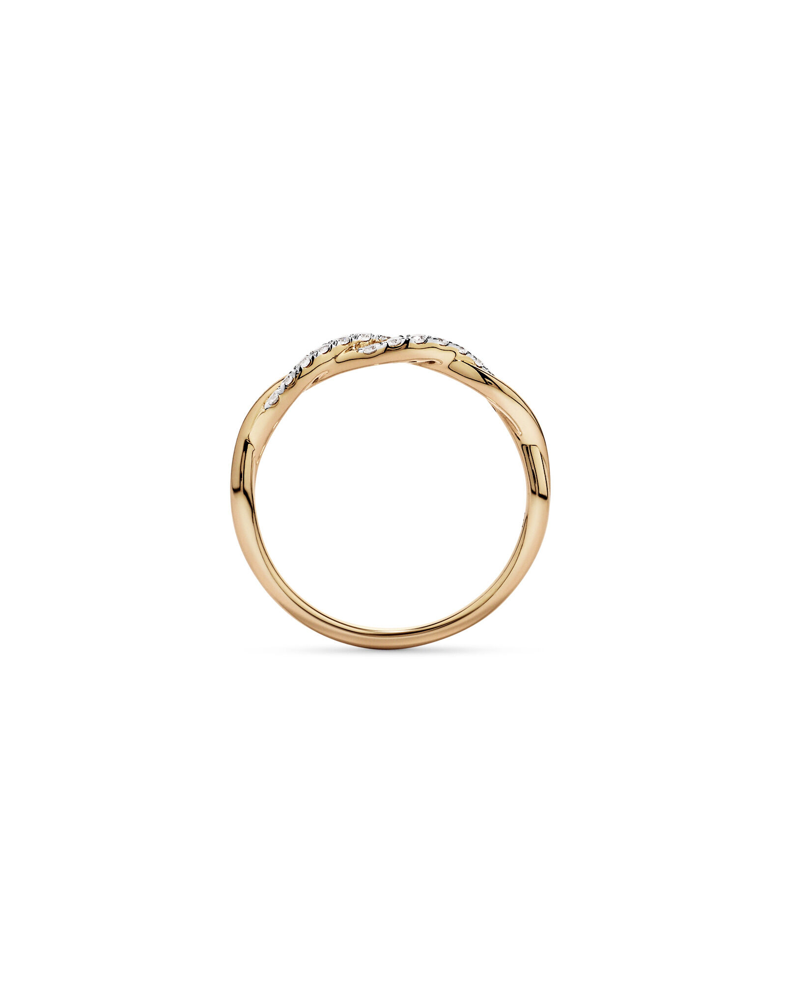 Alliance torsad&eacute;e en or jaune 14 carats rhodi&eacute;, sertie d'un diamant rond brillant de synth&egrave;se de 0,16 carat
