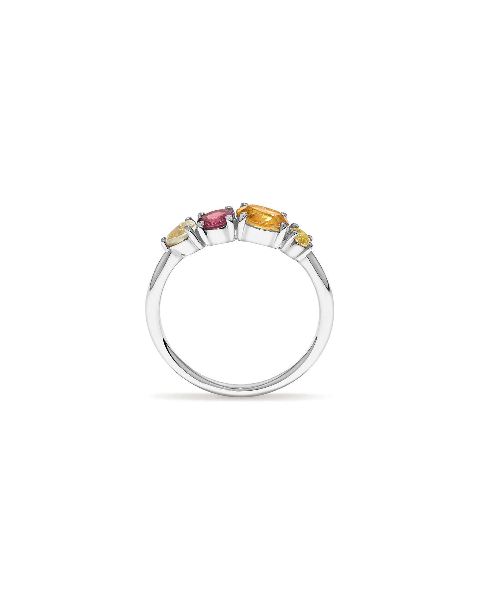 Anneau multi-gemmes en am&eacute;thyste vert, tourmaline rose, citrine orange et quartz citronn&eacute; en or blanc 10 carats