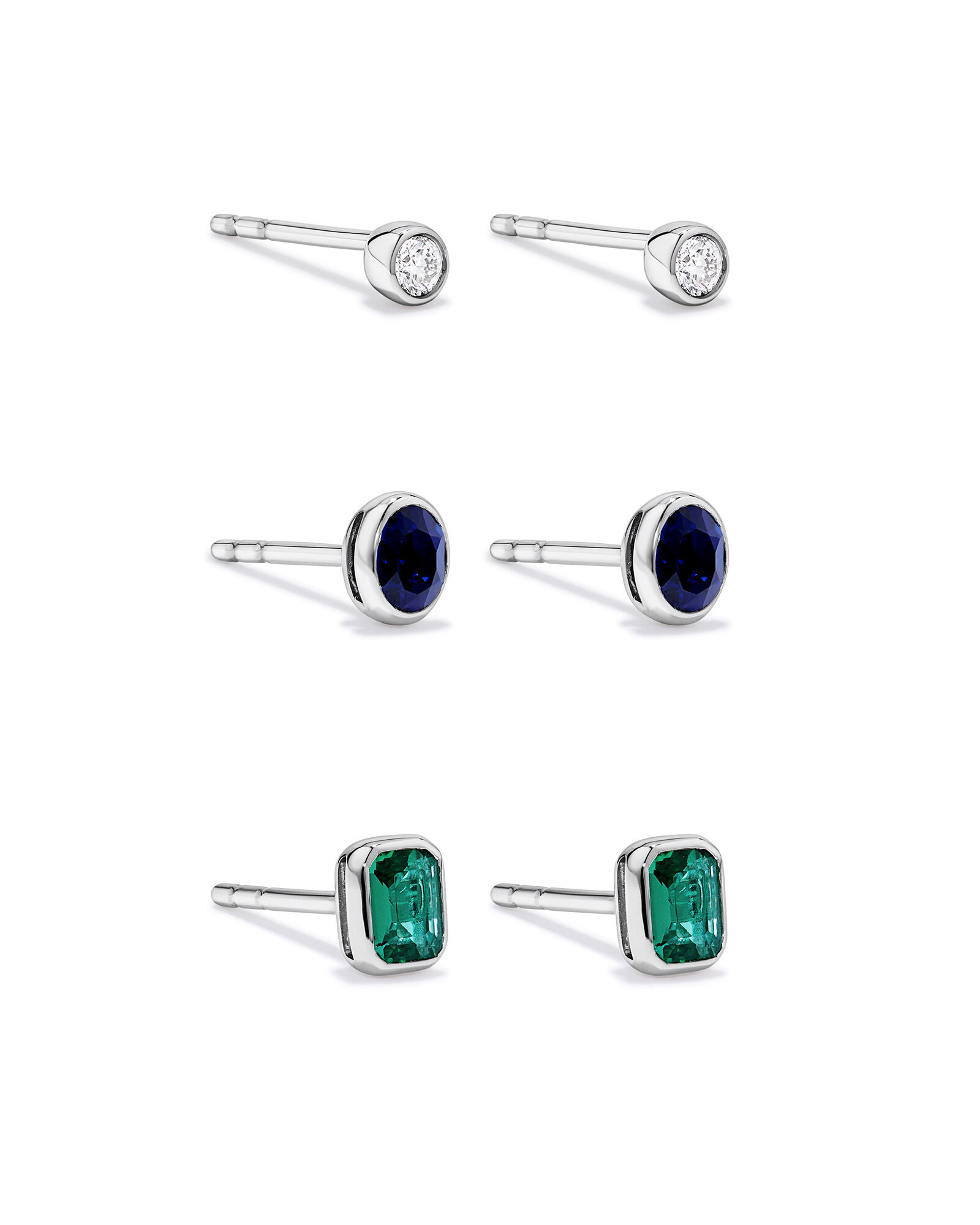 Stud en diamant de laboratoire, &eacute;meraude et saphir serti en argent sterling