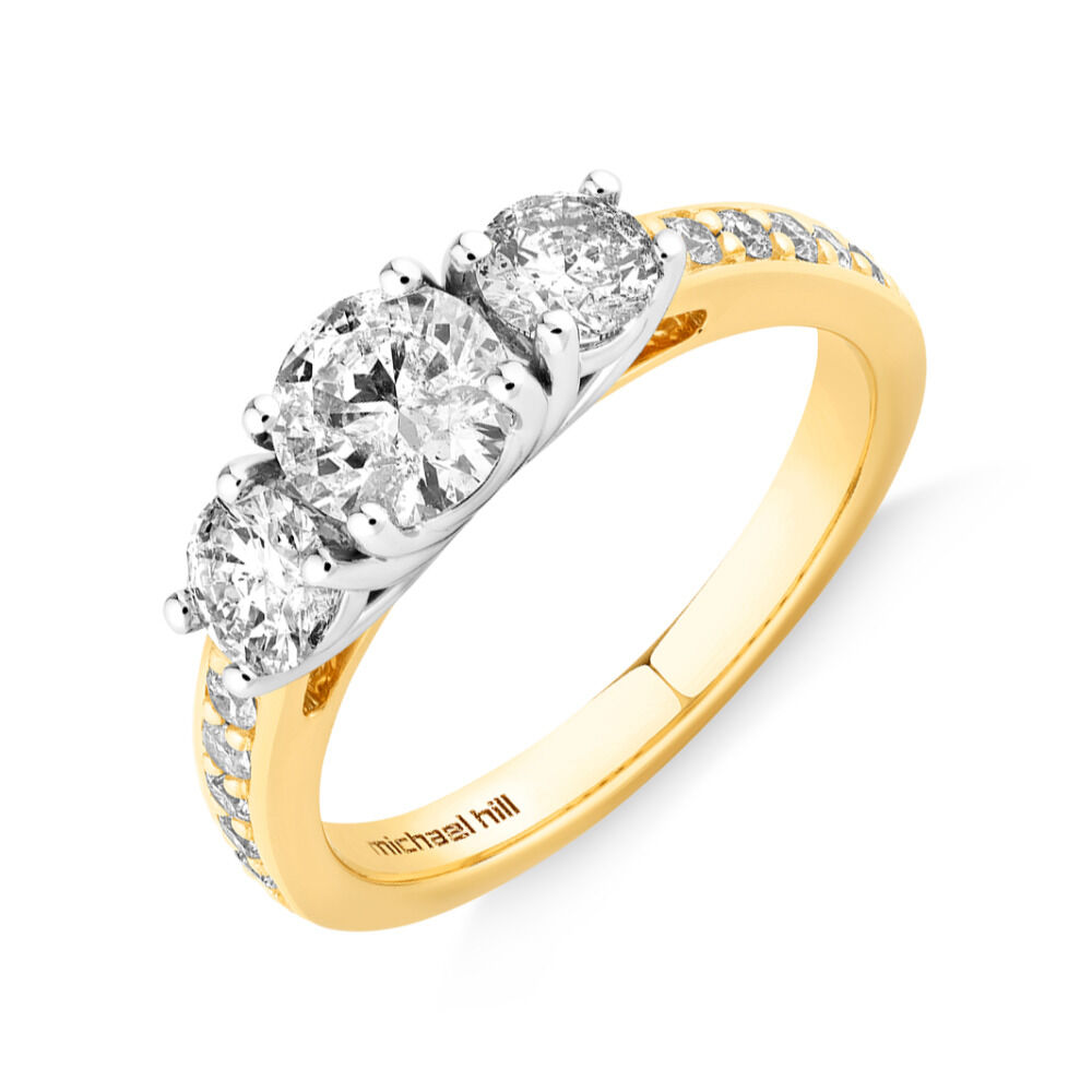 Three Stone Engagement Ring with 1 1/2 Carat TW of Diamonds in 14kt Yellow/White Gold