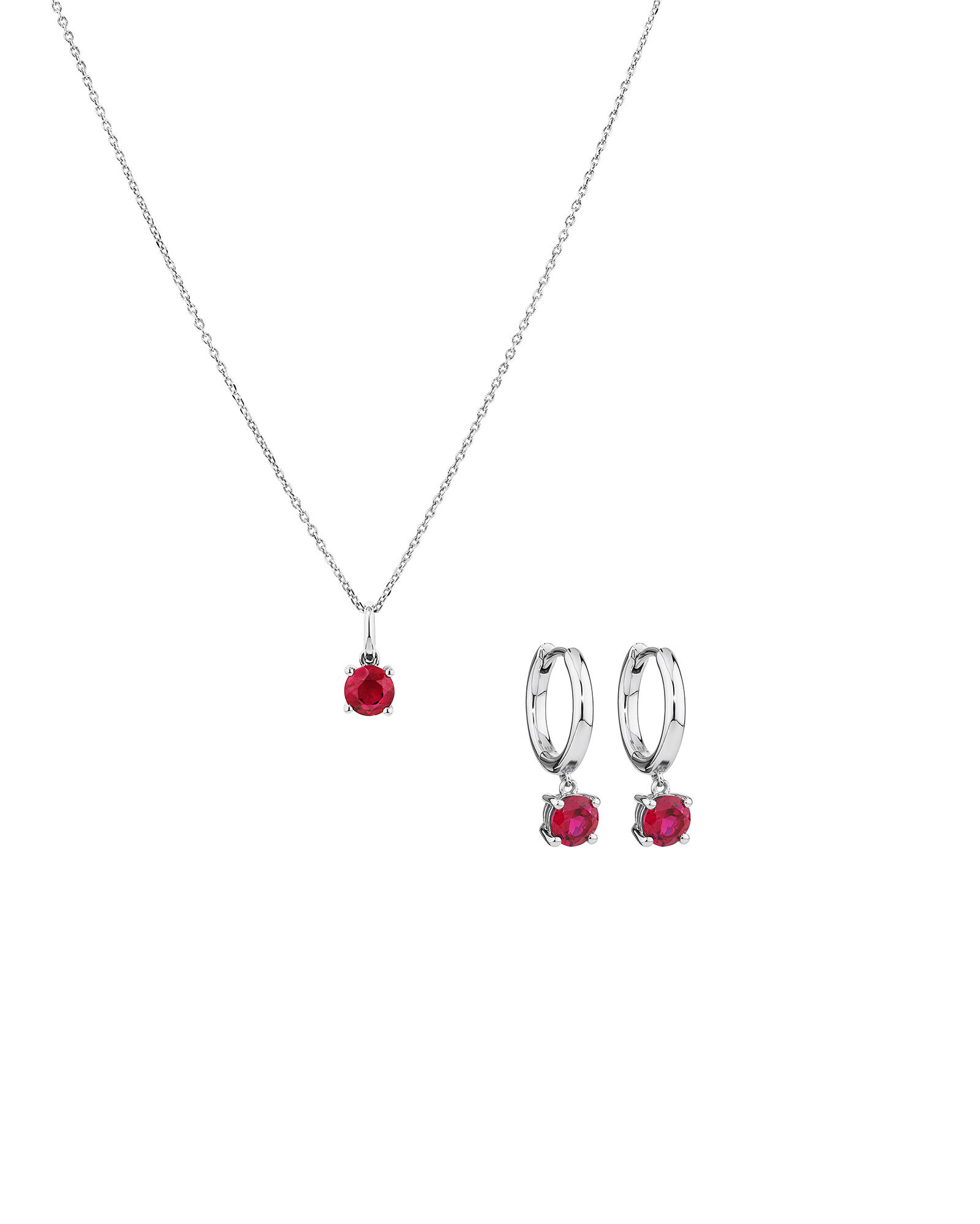Round Cut Red Created Ruby Gemstone Hoop Earrings and Pendant Necklace Set in Sterling Silver