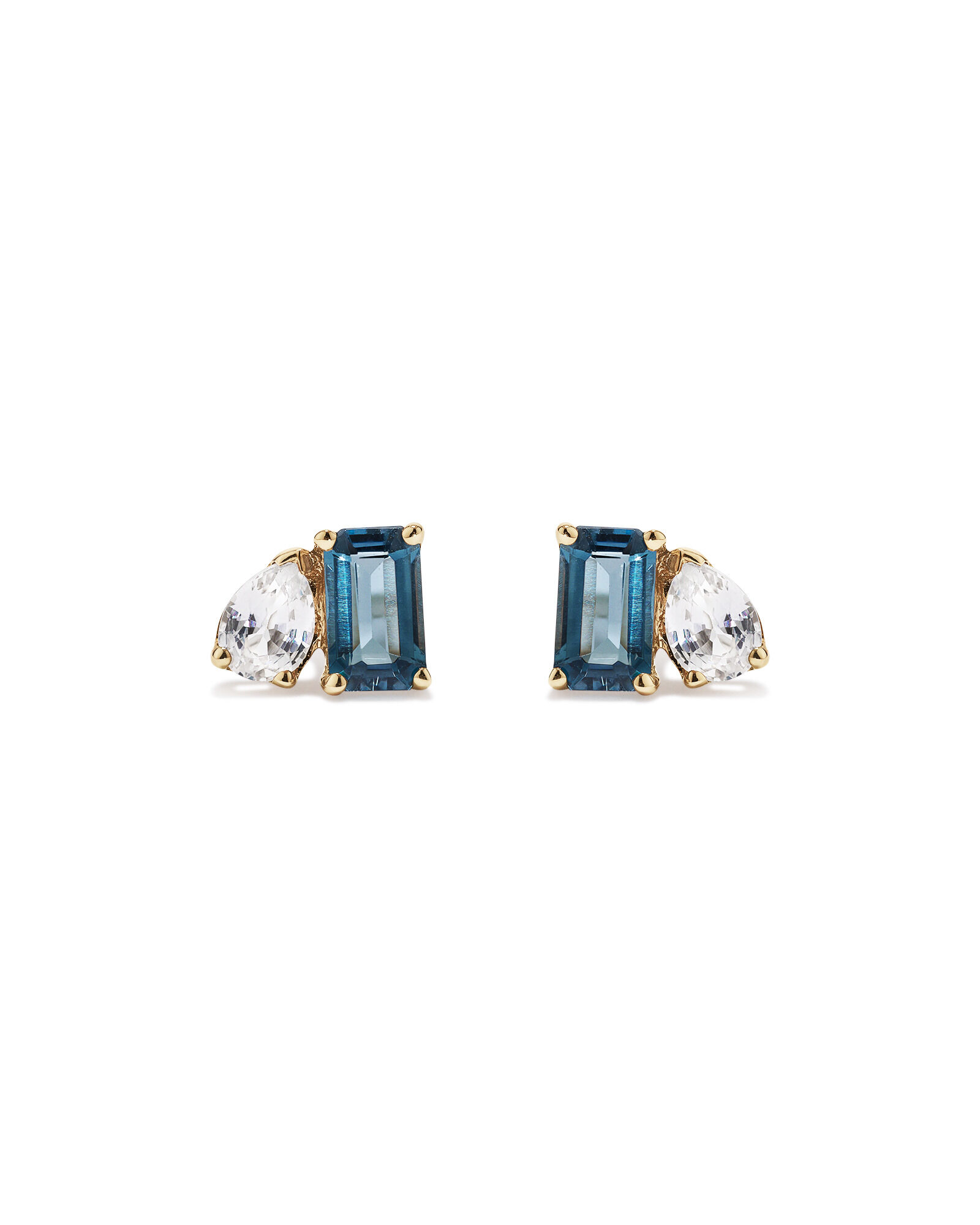 Pear-Cut White Sapphire and Emerald-Cut London Blue Topaz Toi Et Moi  Earrings in 10kt Yellow Gold