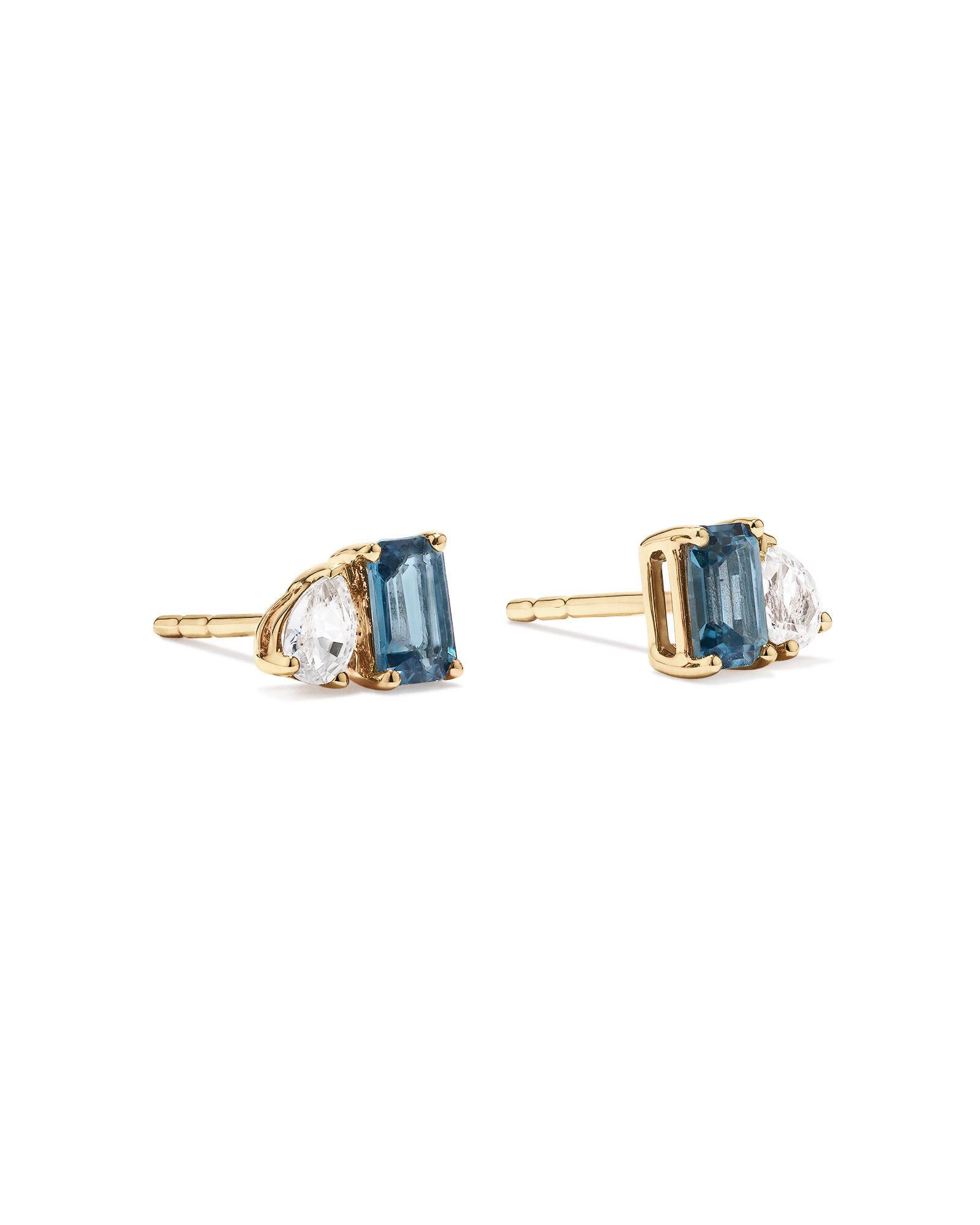 Pear-Cut White Sapphire and Emerald-Cut London Blue Topaz Toi Et Moi  Earrings in 10kt Yellow Gold