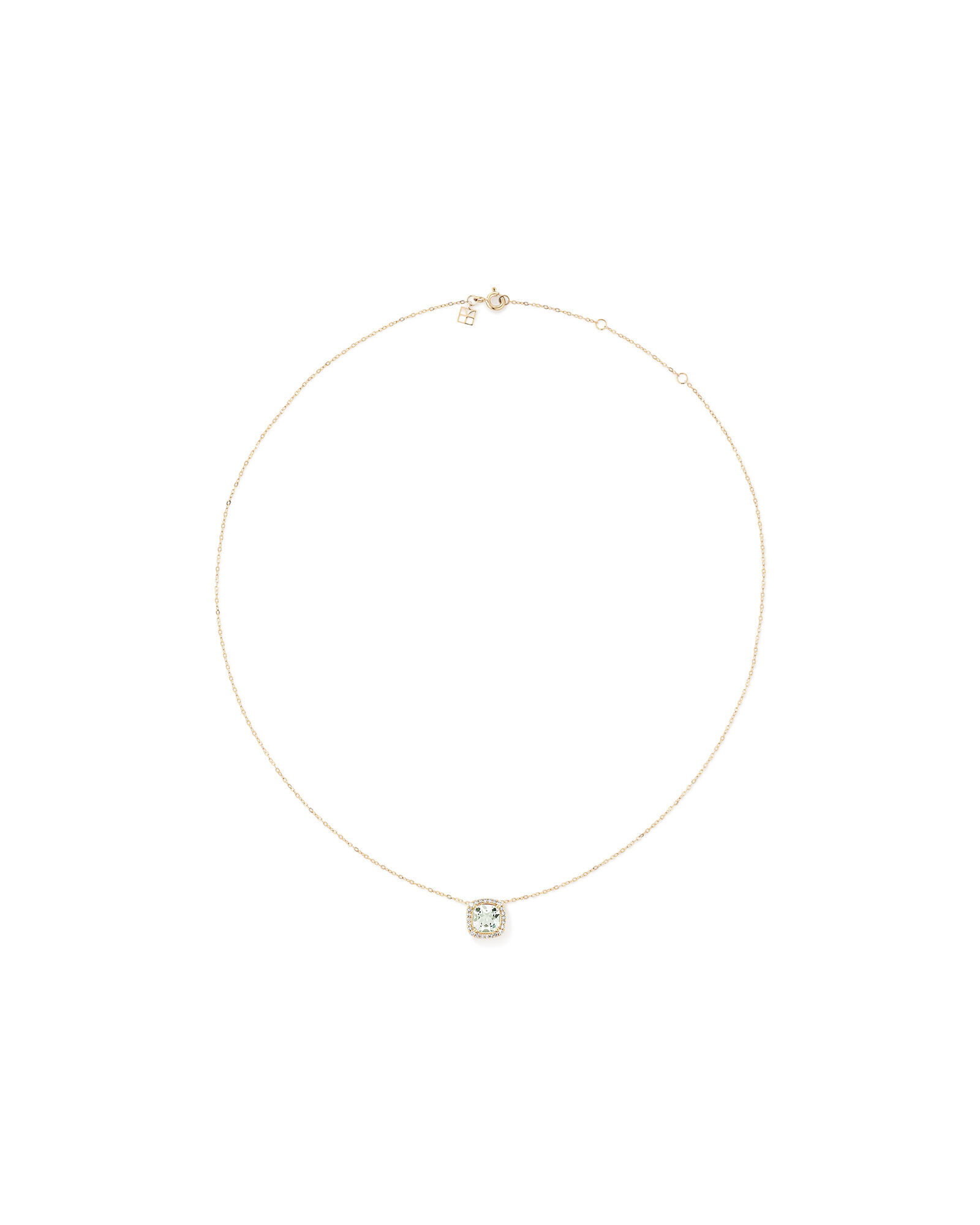 Cushion Cut Green Amethyst Gemstone and 0.15 Carat TW Diamond Halo Pendant Necklace in 10kt Yellow Gold