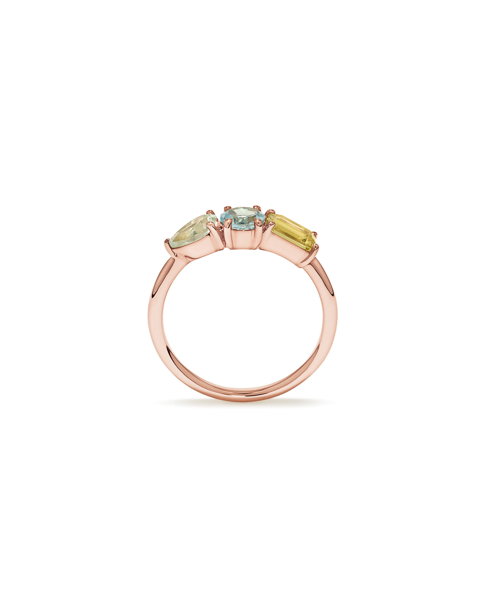 Anneau multi-gemmes en am&eacute;thyste vert, topaze bleu ciel et quartz citron en or rose 10 carats