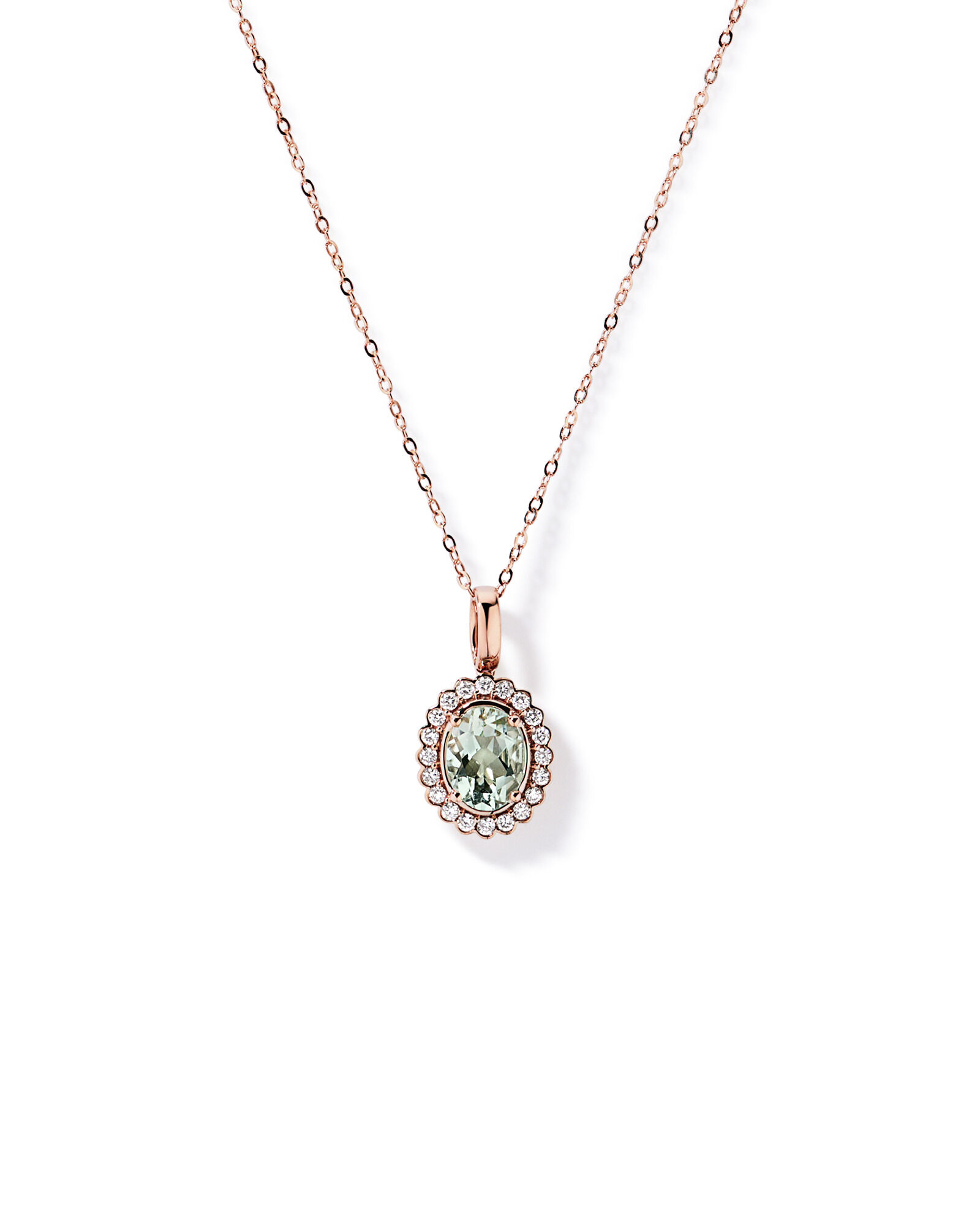 Pendentif Halo en Am&eacute;thyste verte et 0,20TW de diamant avec cha&icirc;ne en or rose 10 carats