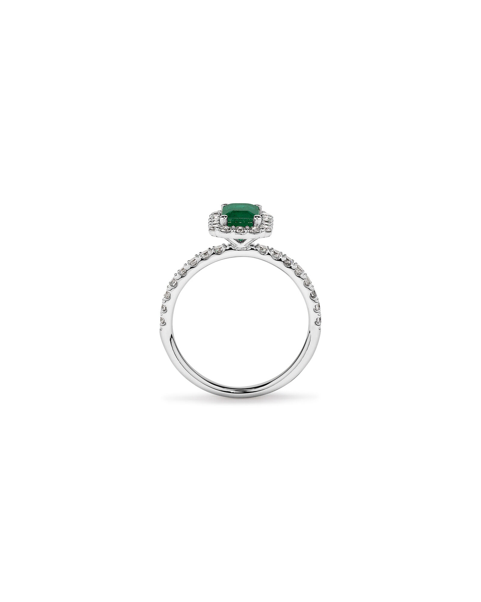 Emerald Cut Green Emerald Gemstone and 0.60 Carat TW Diamond Halo Ring in 14kt White Gold