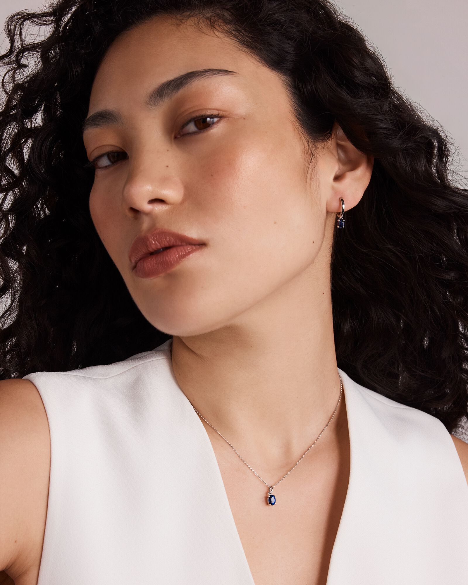 Oval Cut Blue Created Sapphire Gemstone Hoop Earrings and Pendant Necklace Set in Sterling Silver