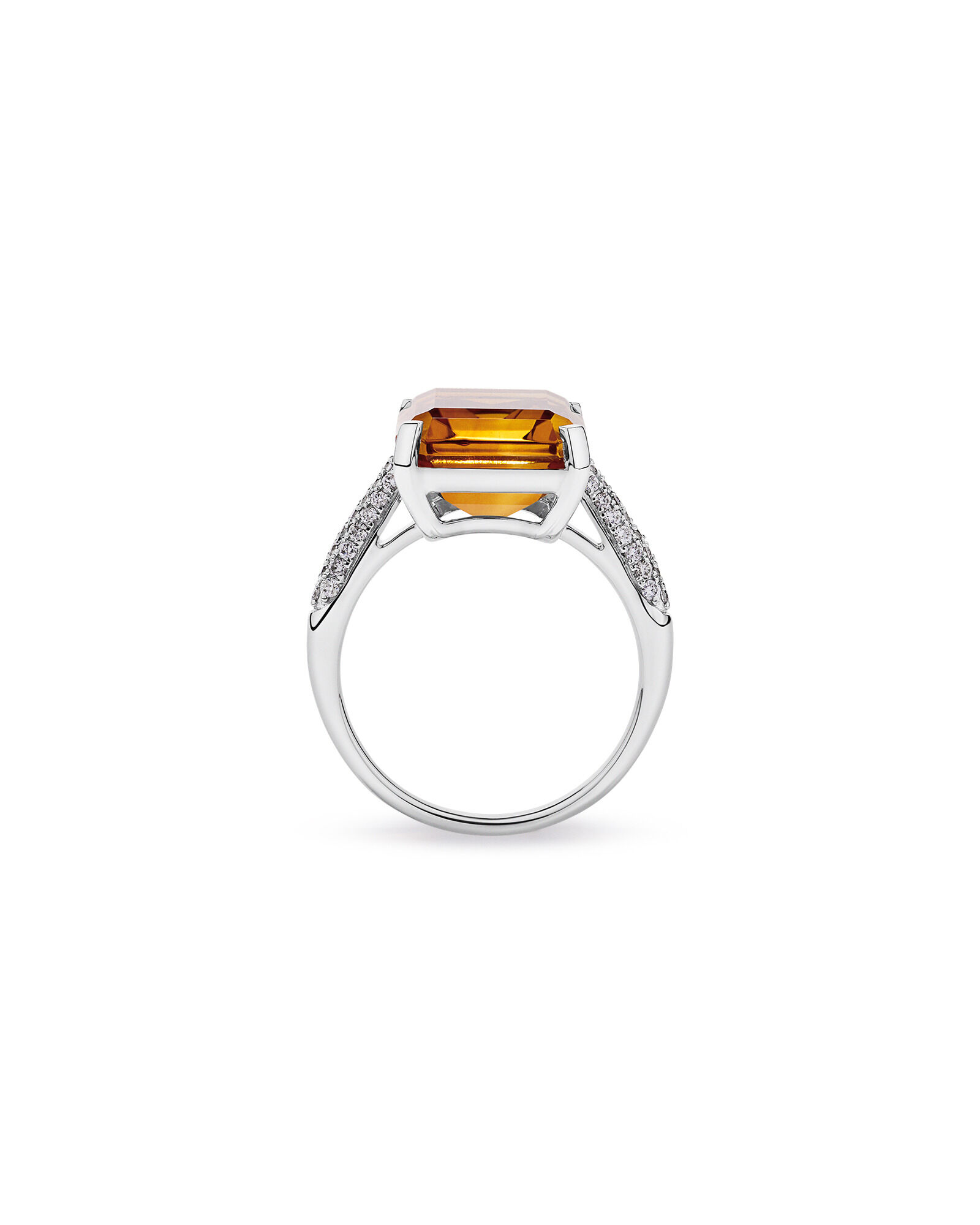 Bague en citrine taille &eacute;meraude & diamant TW 0,23 carat en or blanc 10 carats