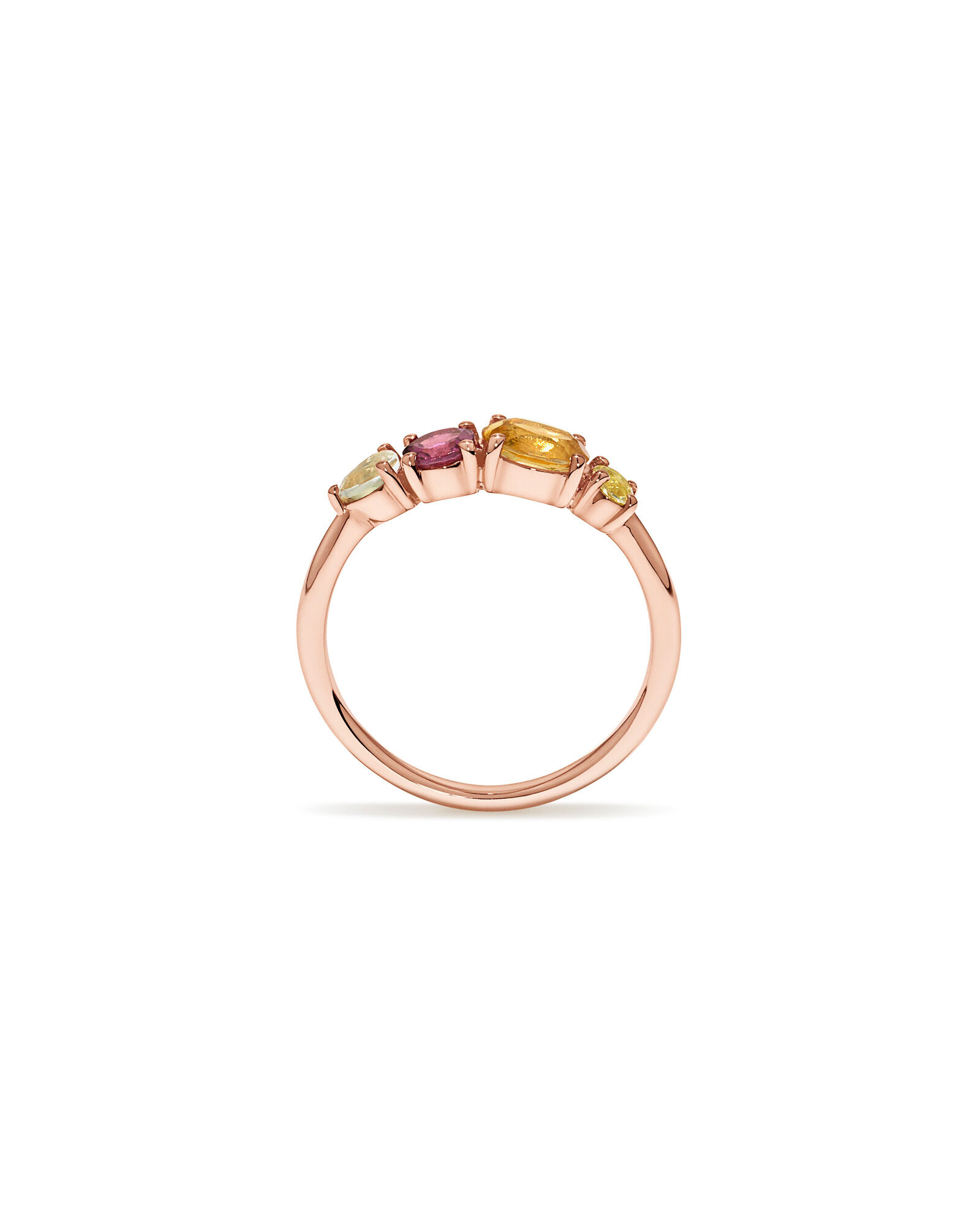 Anneau multi-gemmes en am&eacute;thyste verte, tourmaline rose, citrine orange et quartz citron en or rose 10 carats