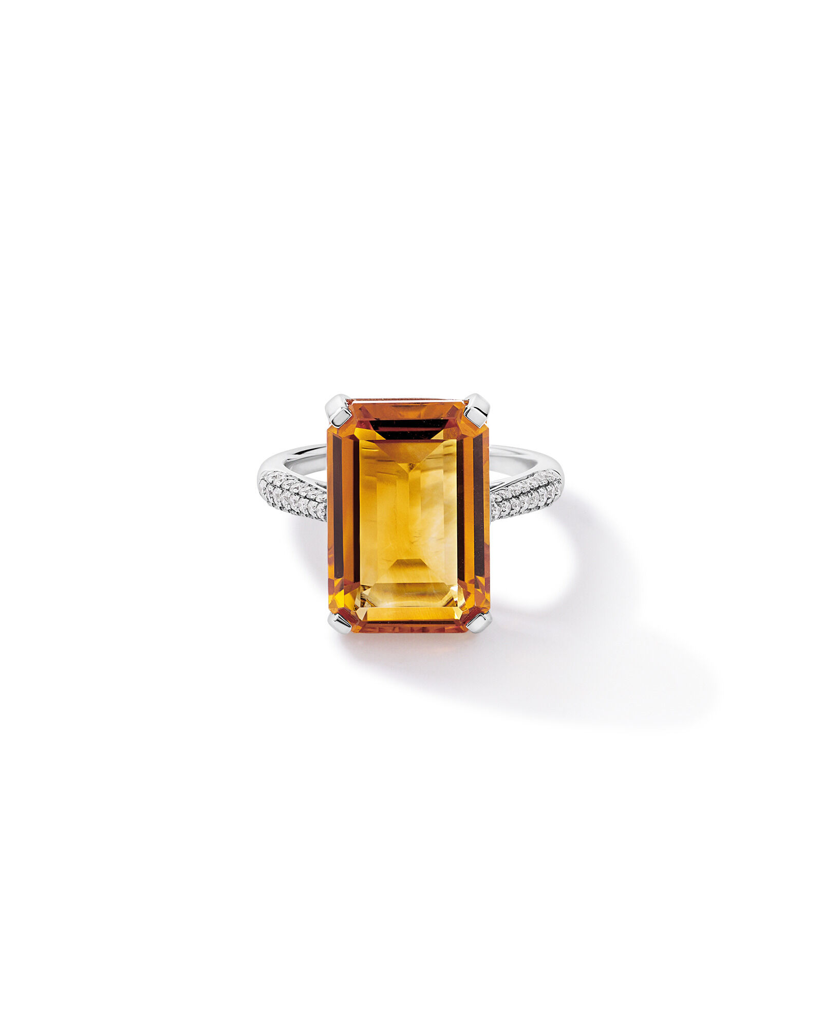 Bague en citrine taille &eacute;meraude & diamant TW 0,23 carat en or blanc 10 carats