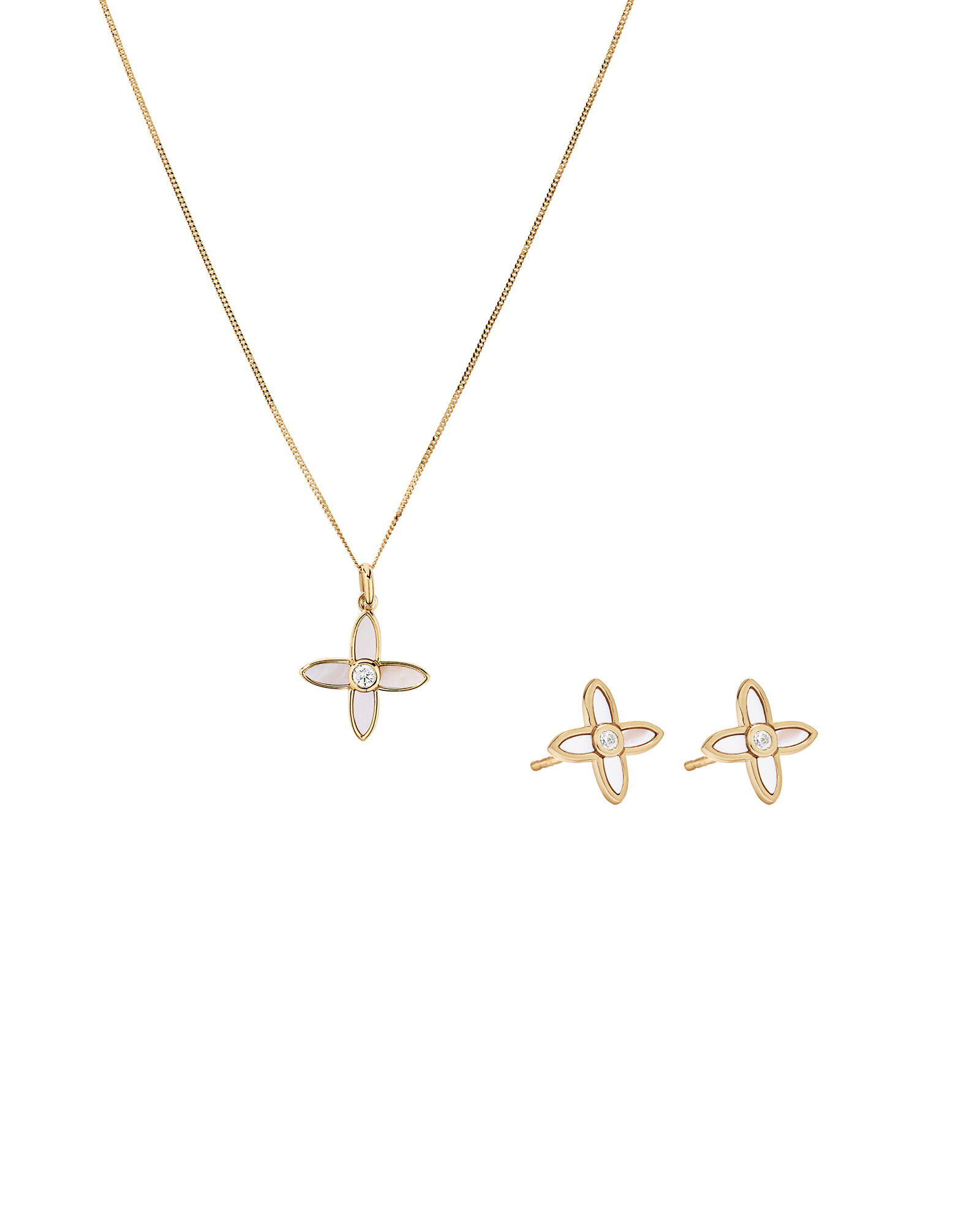 Mother of Pearl Flower Pendant and Stud Earrings Set in 18kt Gold Vermeil