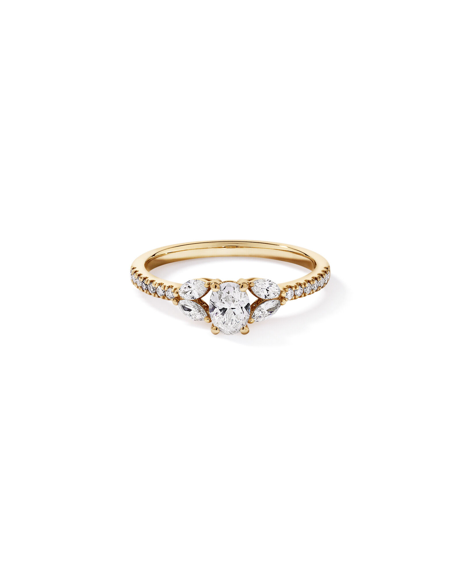 0.59 Carat TW Oval, Round Brilliant and Marquise Diamond Side Accent Ring in 14kt Yellow Gold