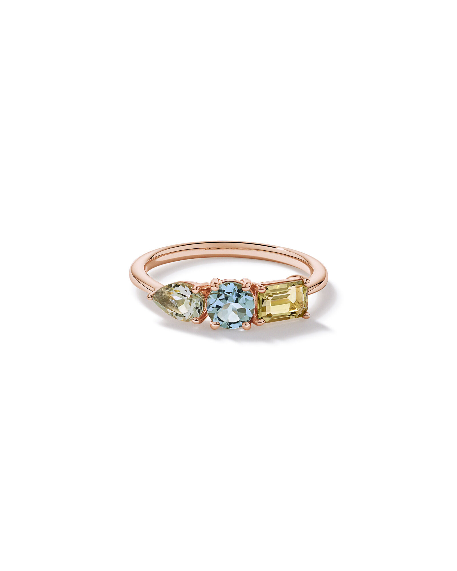 Anneau multi-gemmes en am&eacute;thyste vert, topaze bleu ciel et quartz citron en or rose 10 carats