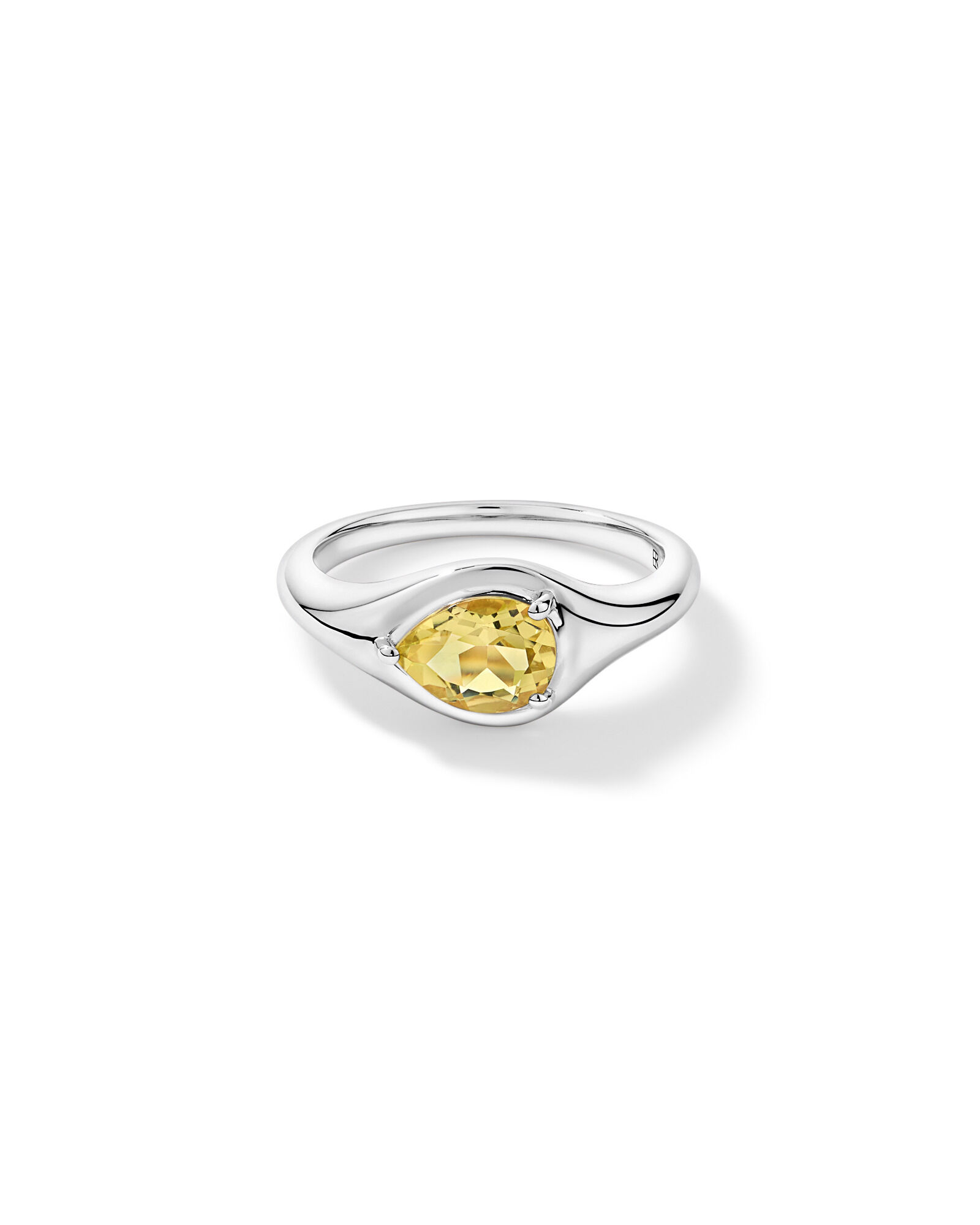 Anneau serti d&rsquo;est en ouest en quartz citron taill&eacute; en poire en or blanc 10 carats