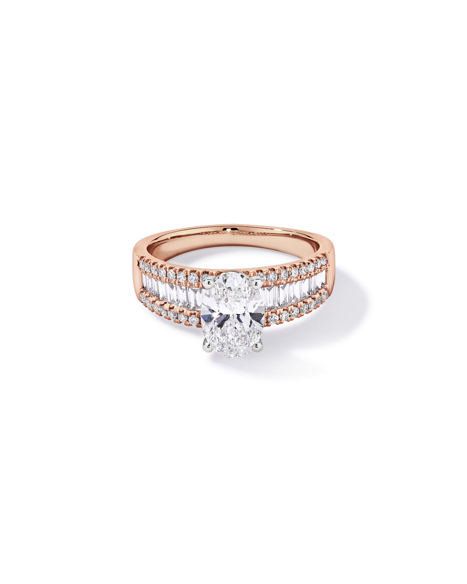 2.21 Carat TW Oval and Baguette Laboratory-Grown Side Accent Diamond Ring in 14kt Rose and White Gold