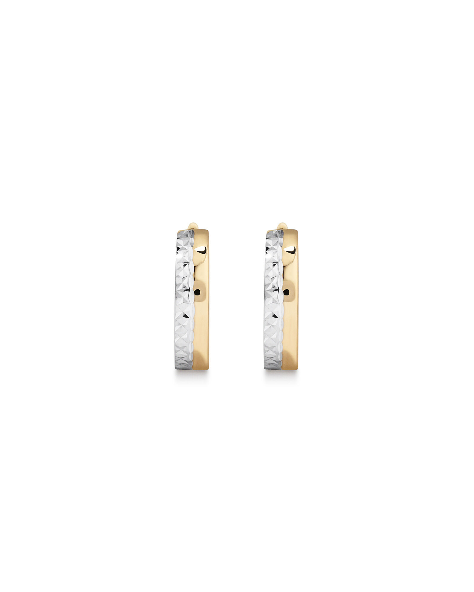 9.6mm Polished and Diamond Cut Huggie Hoop Earrings in 10kt Yellow and White Gold