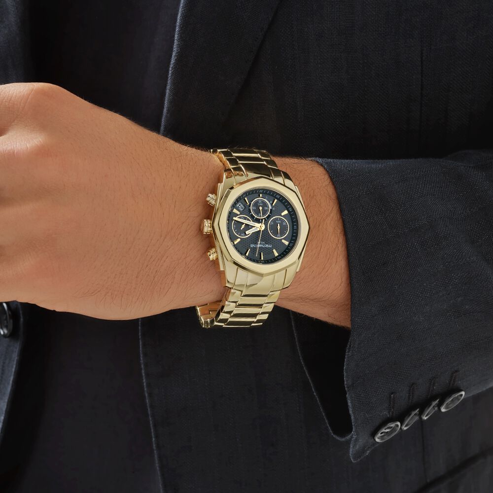 Montre chronographe solaire en acier inoxydable dor&eacute; pour homme